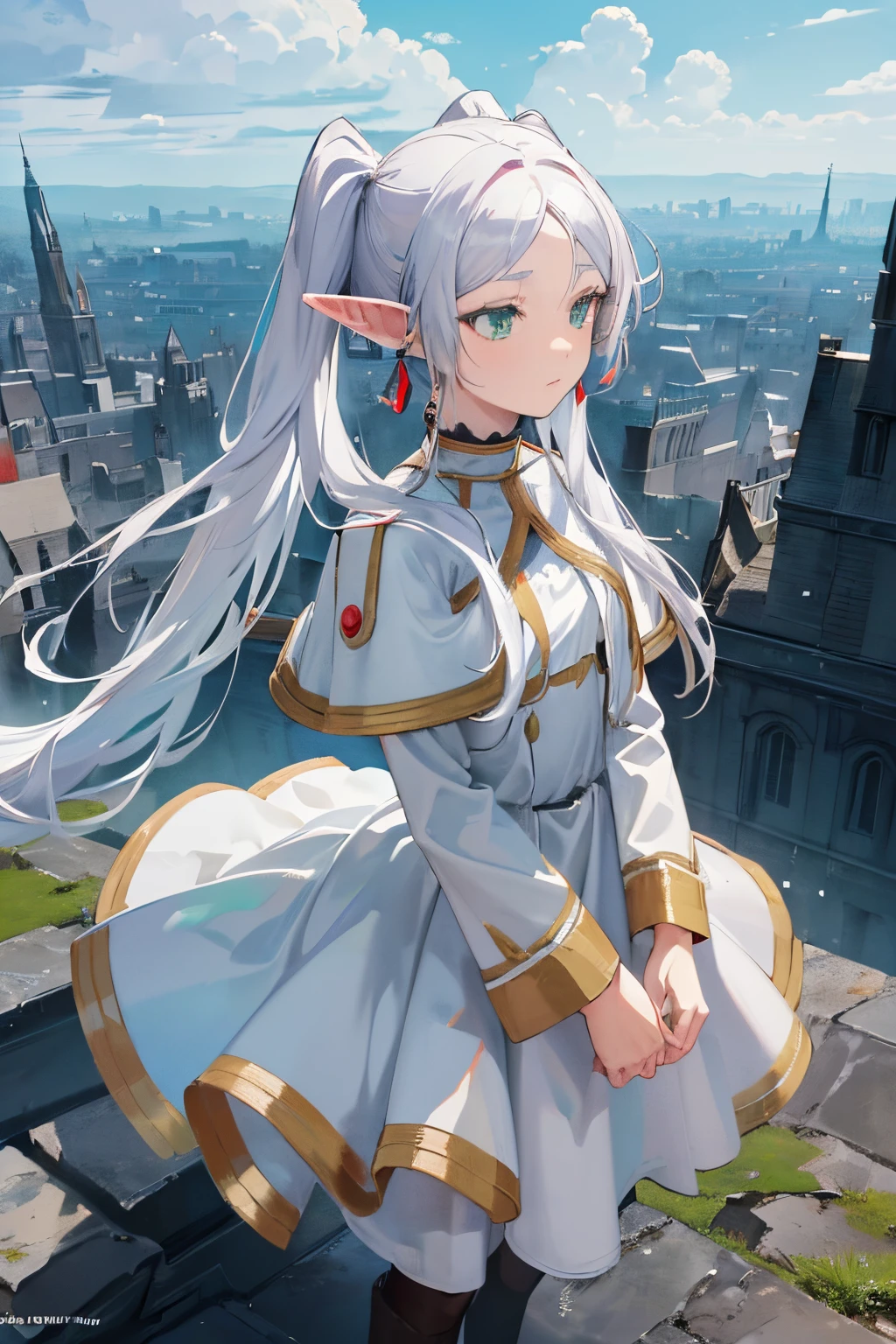 ((Frieren)), ((Masterpiece)), (highly saturated), (High Definition:1.3), (from above), (Professional Photography:1.2), (cinematic lighting), 1girl, solo, (flat body), walking, beautiful, elf, pointy ears, white hair, (long twintails), green eyes, white dress, white cape, (magician staff), magic, magic circle, (ragged ruins), cityscape, cloudy sky,