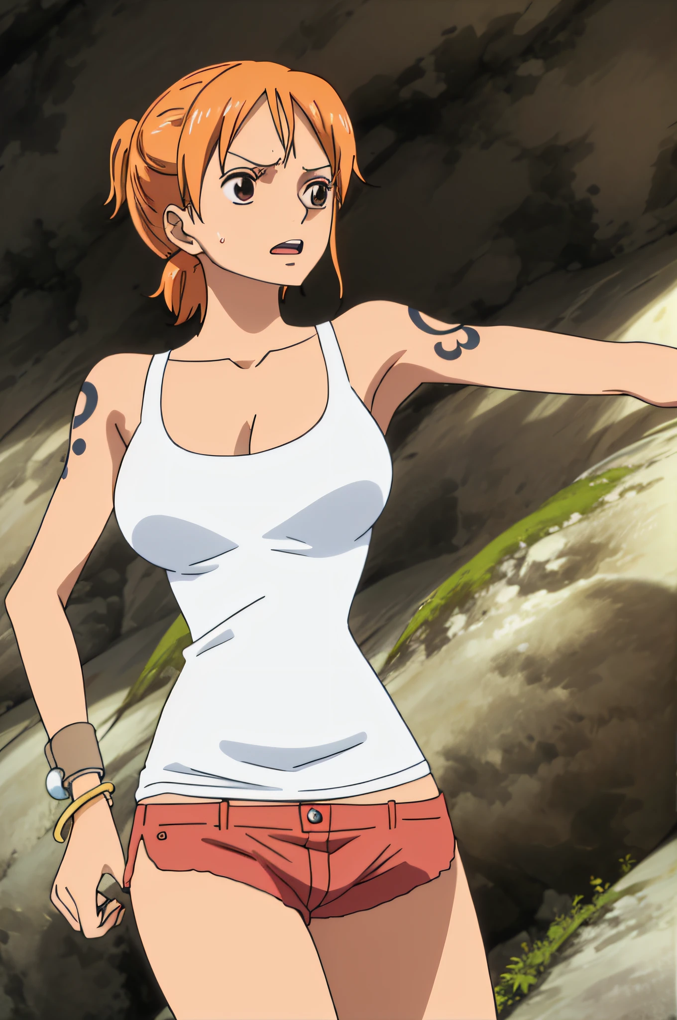 namicasual, short shorts, short ponytail, white tank top, 1girl, solo, short hair, large breasts, cleavage, brown eyes, jewelry, orange hair, bracelet, tattoo, bangle, armpits, sweat