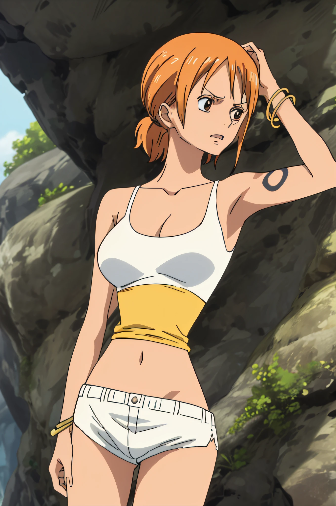 namicasual, short shorts, short ponytail, white tank top, 1girl, solo, short hair, large breasts, cleavage, brown eyes, jewelry, orange hair, bracelet, tattoo, bangle, armpits, sweat