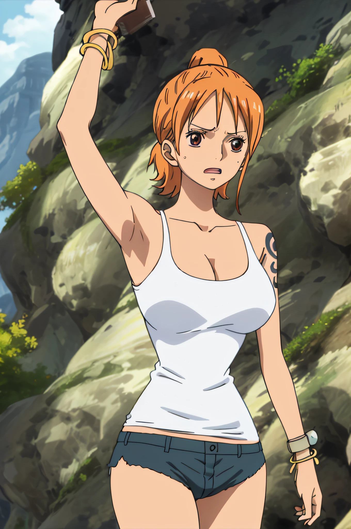 namicasual, short shorts, short ponytail, white tank top, 1girl, solo, short hair, large breasts, cleavage, brown eyes, jewelry, orange hair, bracelet, tattoo, bangle, armpits, sweat