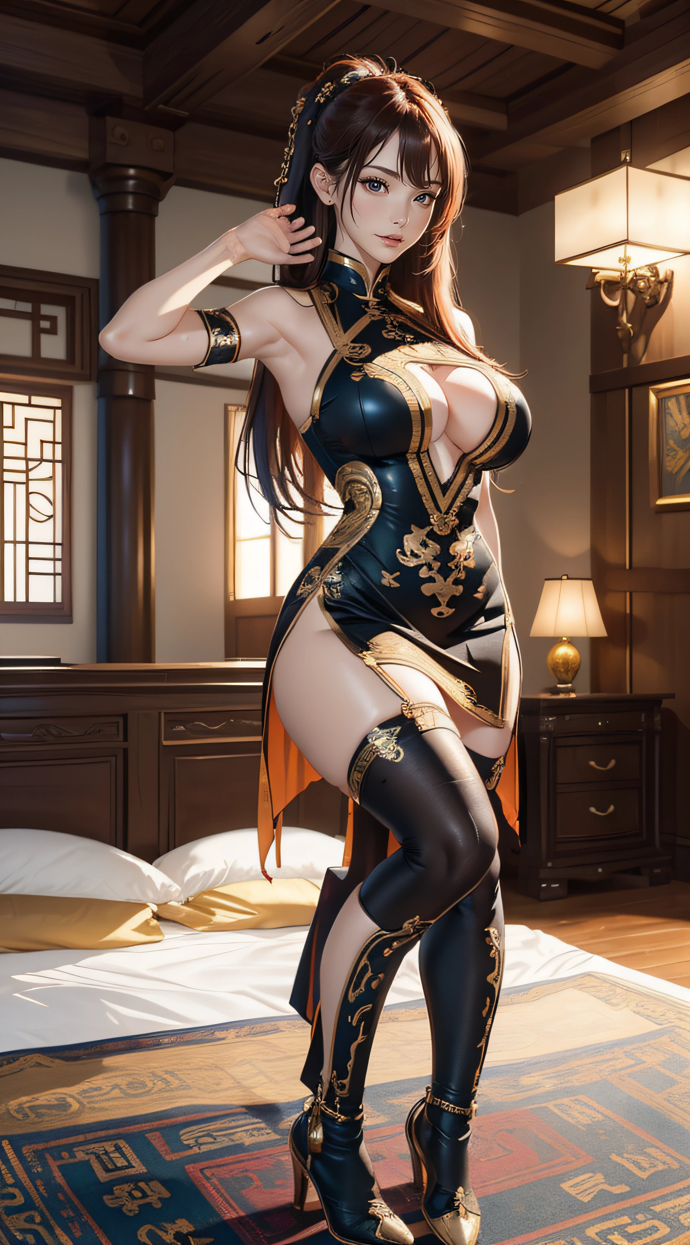 (kung fu pose:1.2),(ultra detailed skin),curvy,petite,beautiful breasts,large breasts,pale skin,pointy breasts,erect nipples,(fantasy art,Highest image quality,Hyperrealist portrait,(8k),ultra-realistic,best quality, high quality, high definition, high quality texture,high detail,beautiful detailed,fine detailed,extremely detailed cg,detailed texture,a realistic representation of the face,masterpiece,Sense of presence,Dynamic,bold),(thin hair),(soft hair),(straight hair:1.5),Swept long bangs,extra light coppery amber hair,hair over one eye,See-through armored dress with asymmetrical embroidery,tight mini skirt,stockings,Engineer boot