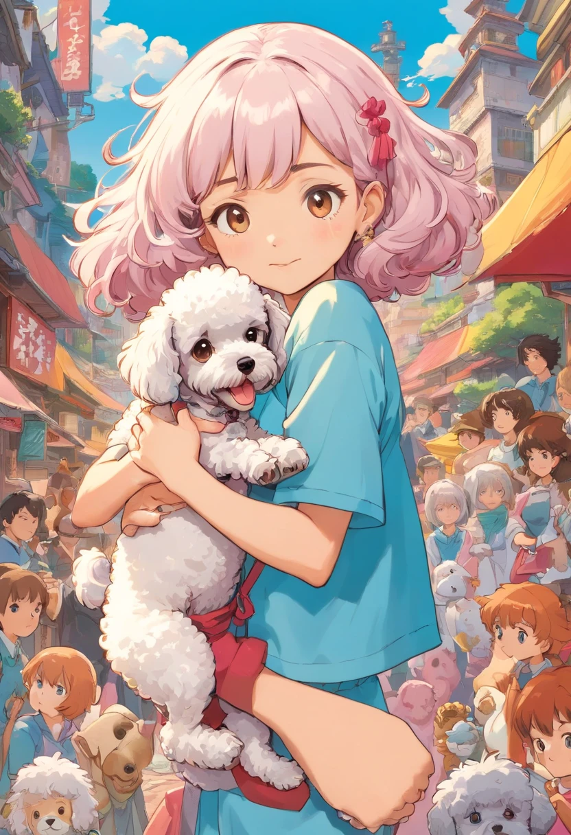 uma menino, corpo de palito, ao seu lado um poodle micro toy branco, in the style of a voucher with a Monica comic book background, animated color photos, Masami Teraoka, to Paulo Gauguin, Estilo Embry, retrato honesto