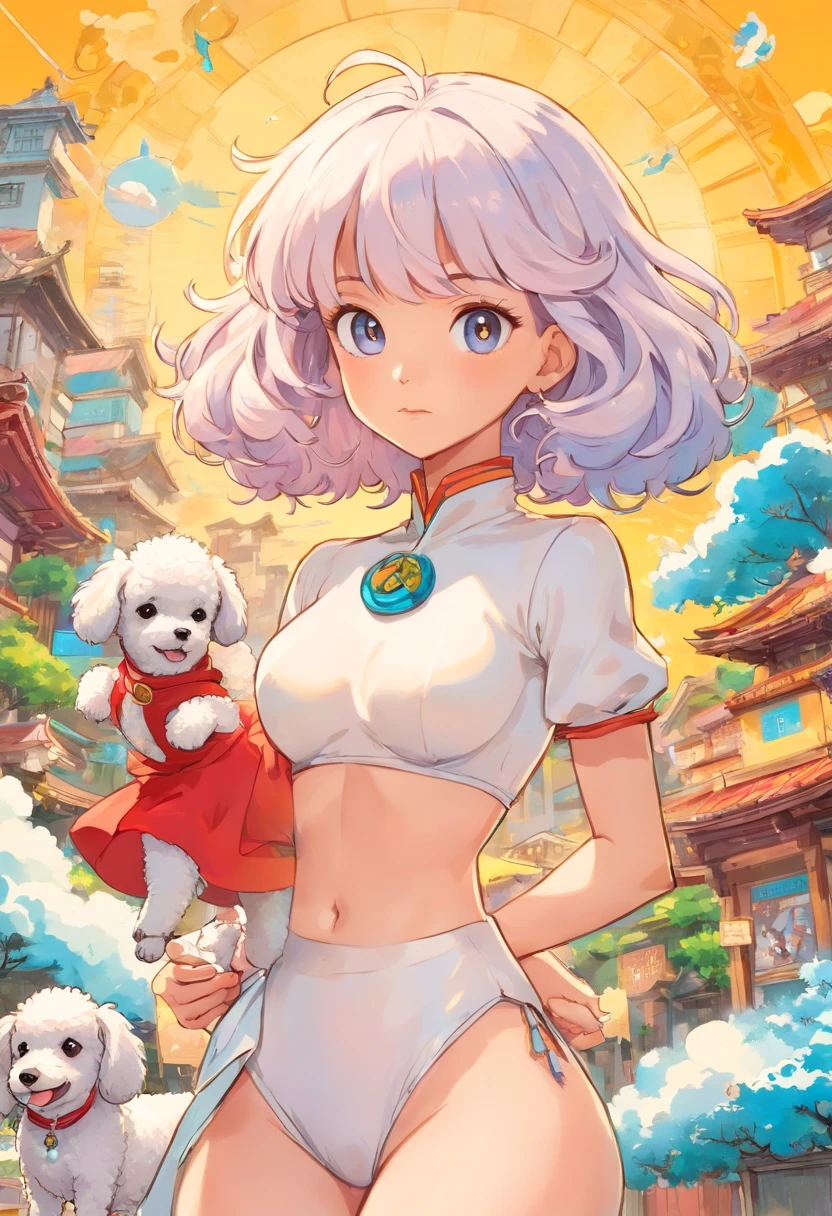 uma menino, corpo de palito, ao seu lado um poodle micro toy branco, in the style of a voucher with a Monica comic book background, animated color photos, Masami Teraoka, to Paulo Gauguin, Estilo Embry, retrato honesto