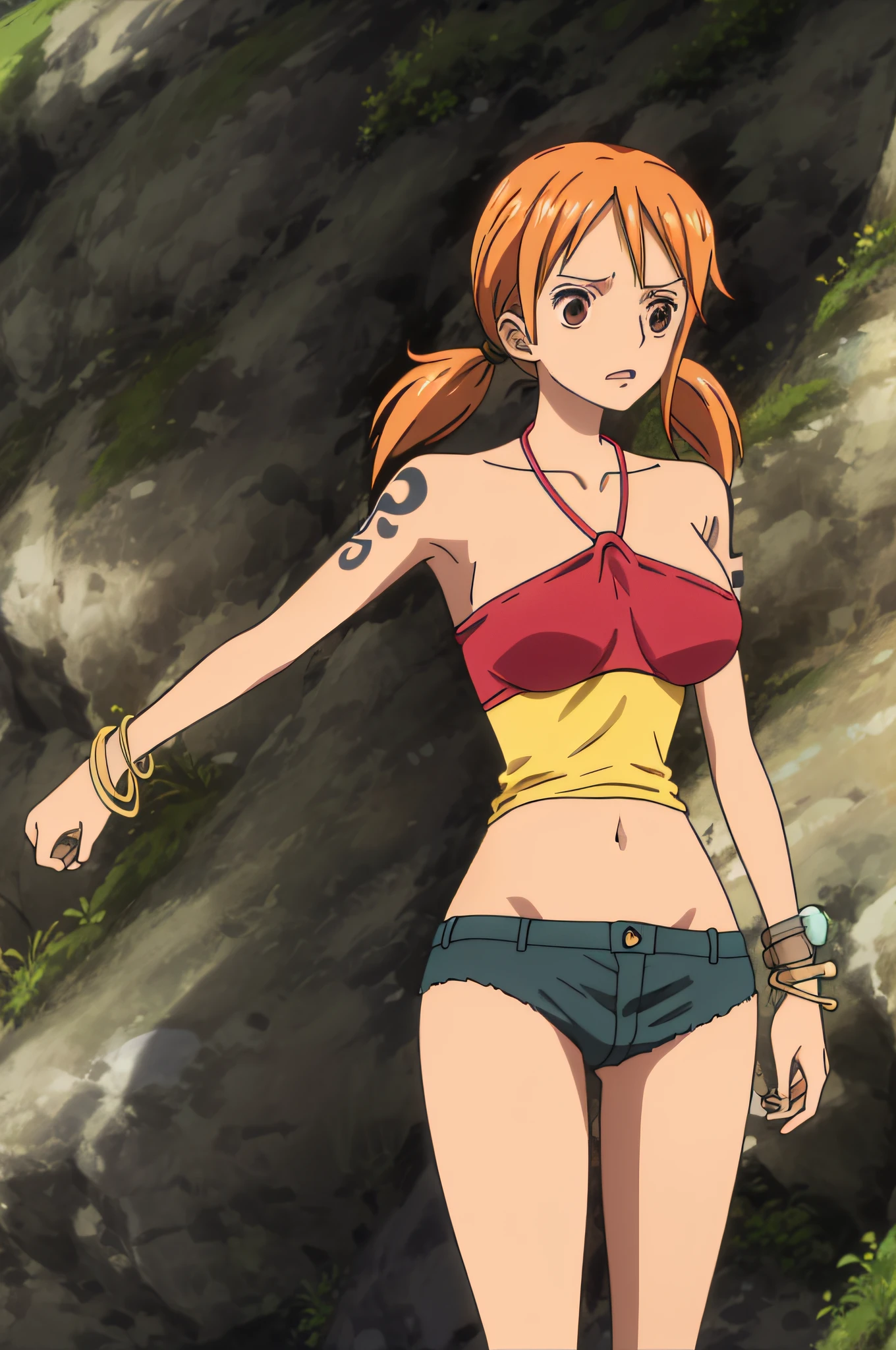 Namihalterneck, halterneck, 1girl, solo, large breasts, twintails, brown eyes, jewelry, orange hair, bracelet, short shorts, tattoo, short twintails, denim shorts, tricolor halter neck, armpits