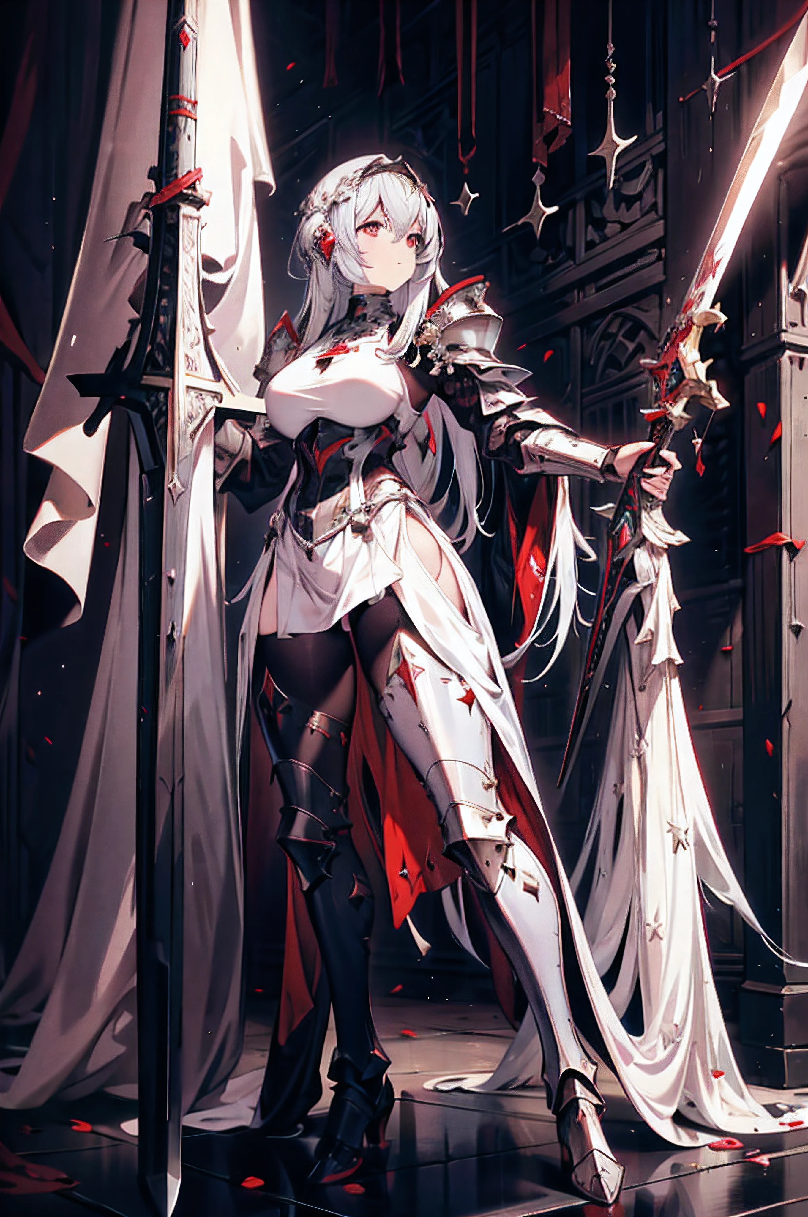 Close-up of a girl in armor with a sword in her hands..., Knights Templar in a spacesuit, The Holy Crusader, Medieval Knight, Holy Crusader of the Middle Ages, The Holy Crusader, white and red armor, Templar, Medieval crusader knight, White armor, Detailed white armor, Teutonic Knight, wojtek fus, fantasy knight, Holy Armor, knight in armor, fantasy paladin