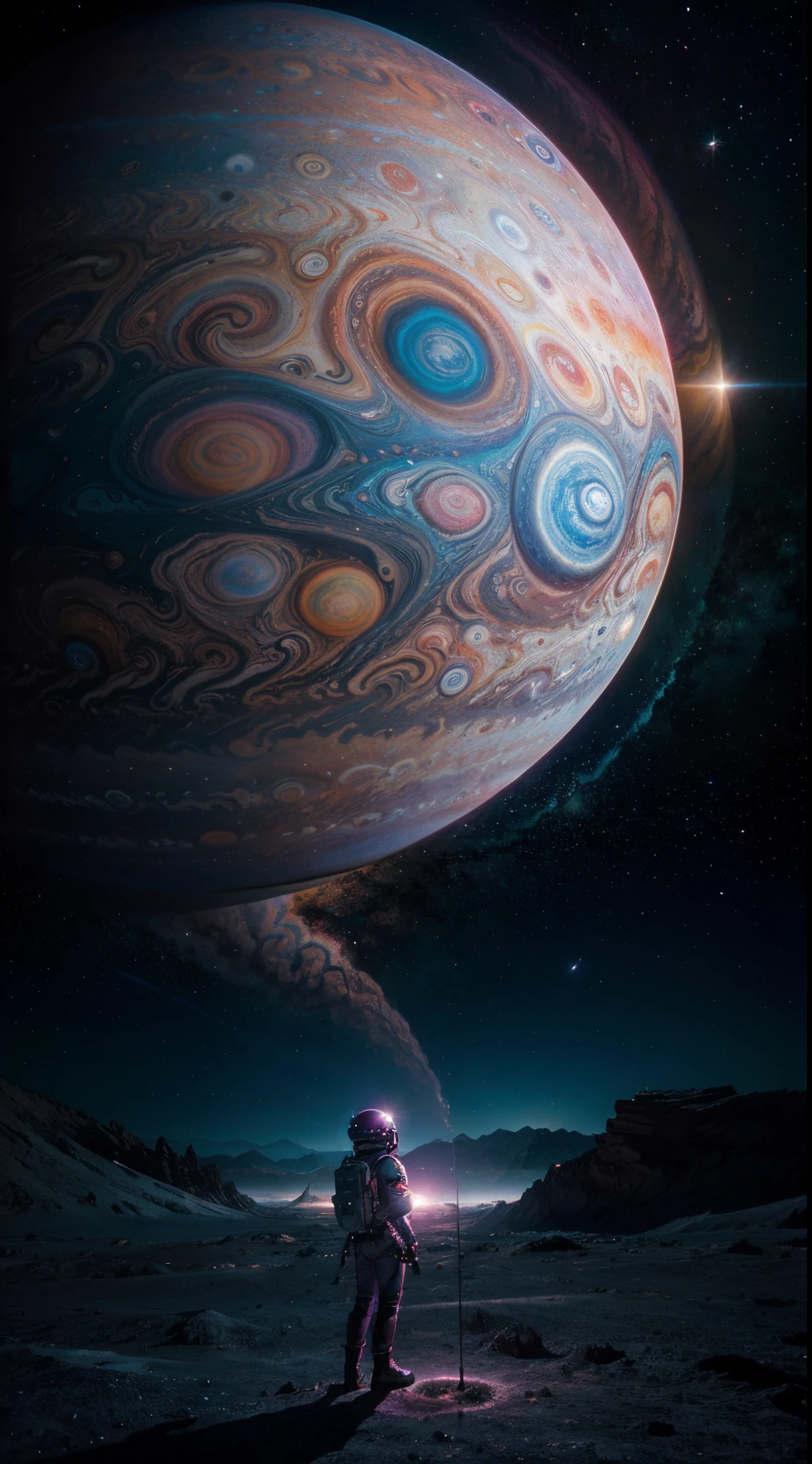 cosmic, space, amazing, a alien planet, breath taking, dream like, colorful, gorgeous,[abstract::6], energetic, contrast, jupiter, mysterious, colorful pllanet, cinematic,crazy, [:, sot,pink:8], deep space, vibrat colors, epic, freedom, intricate,surrealism