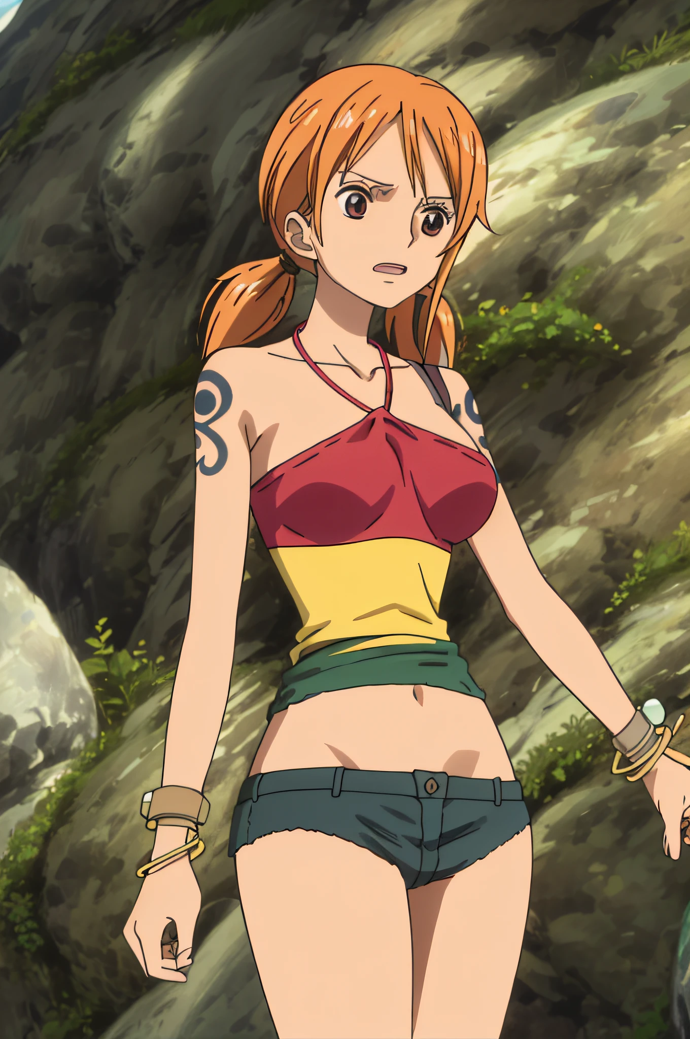 Namihalterneck, halterneck, 1girl, solo, large breasts, twintails, brown eyes, jewelry, orange hair, bracelet, short shorts, tattoo, short twintails, denim shorts, tricolor halter neck, armpits