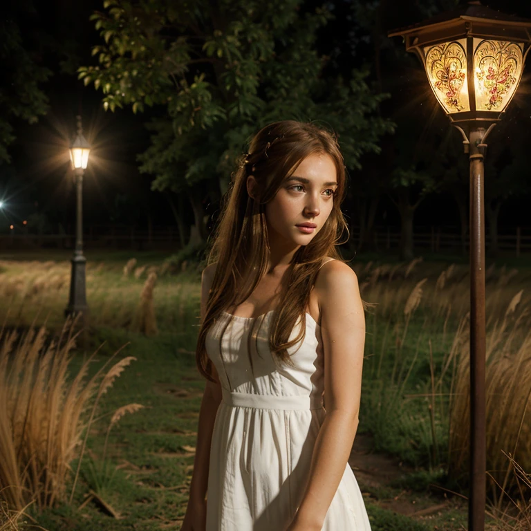 animesque Fantastical natta A girl with chestnut hair wearing a white dress retro street lamp grass field sacred place Particles of light