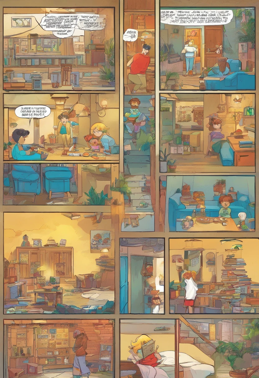 Quadrinhos americanos, The comic is presented in several irregular panels with colors. Micro Toy Poodle has a hard time running away from home, then reunites with her owner. Its owner is a blond boy, in loose pants, camiseta larga e cabelos compridos mal arrumados. The style is exaggerated and detailed