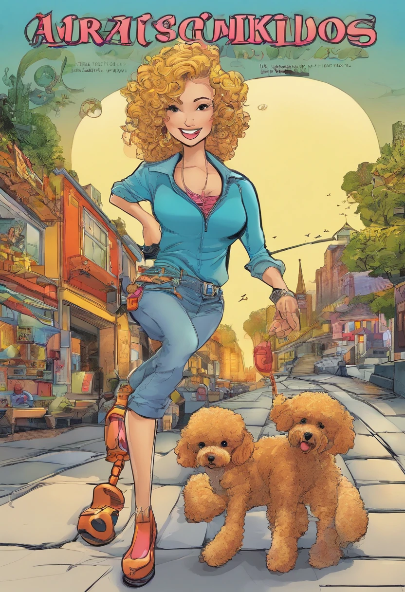 Quadrinhos americanos, The comic is presented in several irregular panels with colors. Micro Toy Poodle has a hard time running away from home, then reunites with her owner. Its owner is a blond boy, in loose pants, camiseta larga e cabelos compridos mal arrumados. The style is exaggerated and detailed