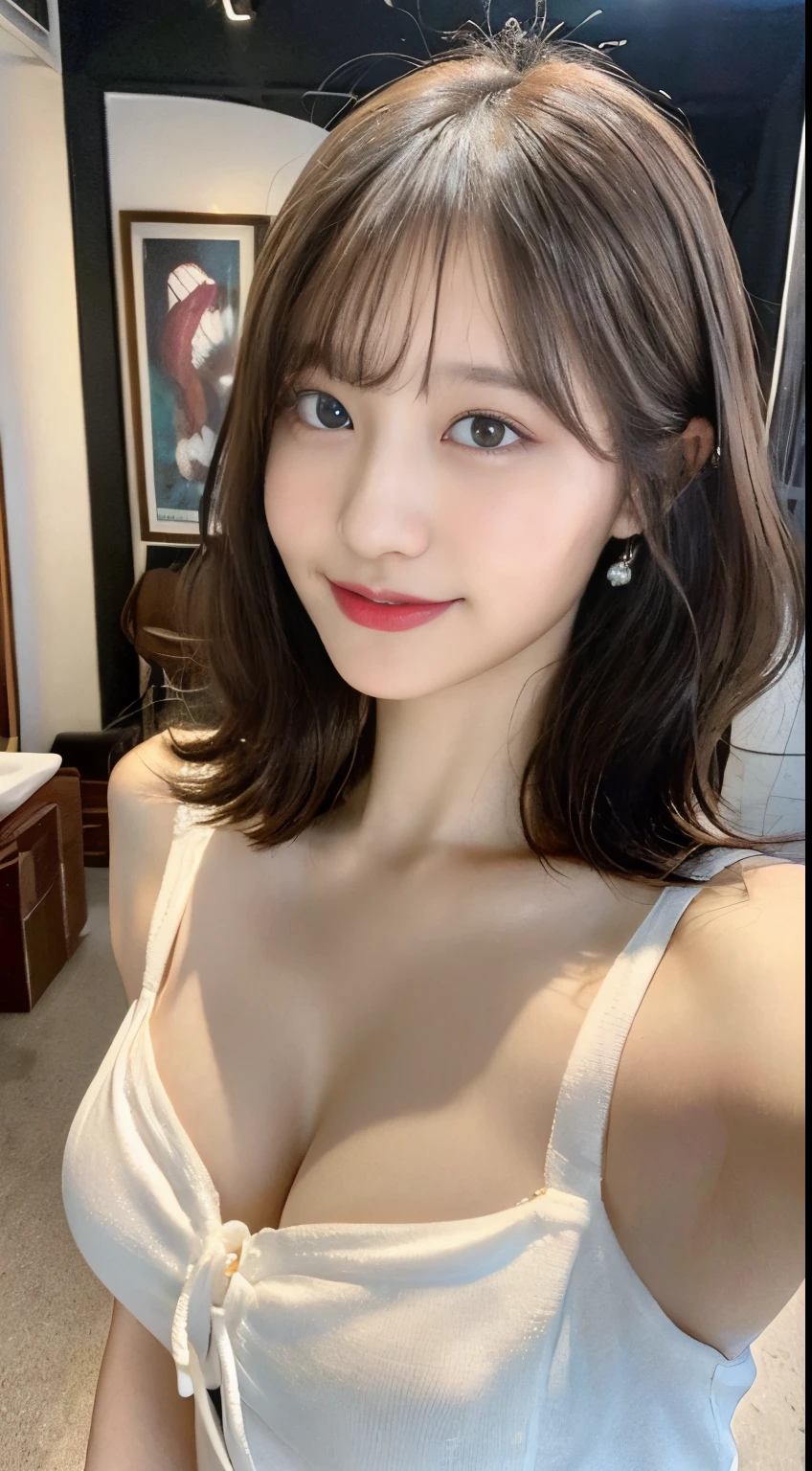 ((Best quality, 8k, Masterpiece :1.3)), 1girl, beautiful woman with emphasis on slim abs: 1.3, (casual hairstyle, big breasts: 1.2), casual wear: 1.2, interior, ultra-detailed face, delicate eyes, double eyelids, soft breasts, smile, exposed cleavage