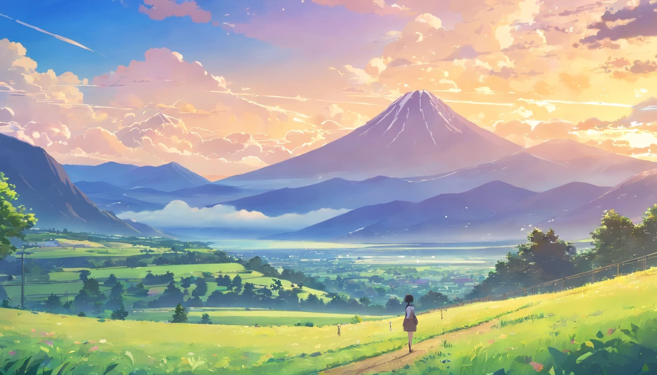 landscape, anime style, countryside, with mountains and clouds in the background.