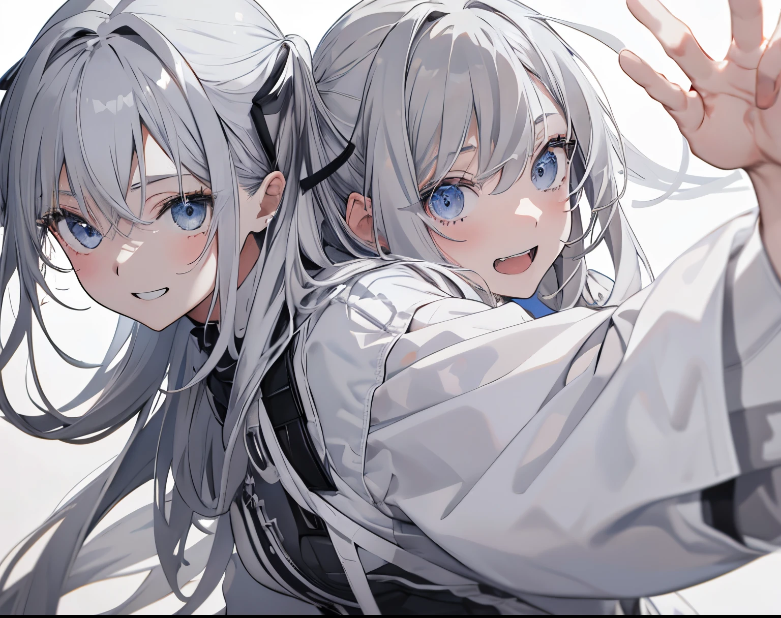 【Highest Quality, masutepiece】 [girl, Manteau, expressioness, blue eyes, front facing, ash gray hair, Walking, Upper body] (Gray white background:1.7), smile with teeth