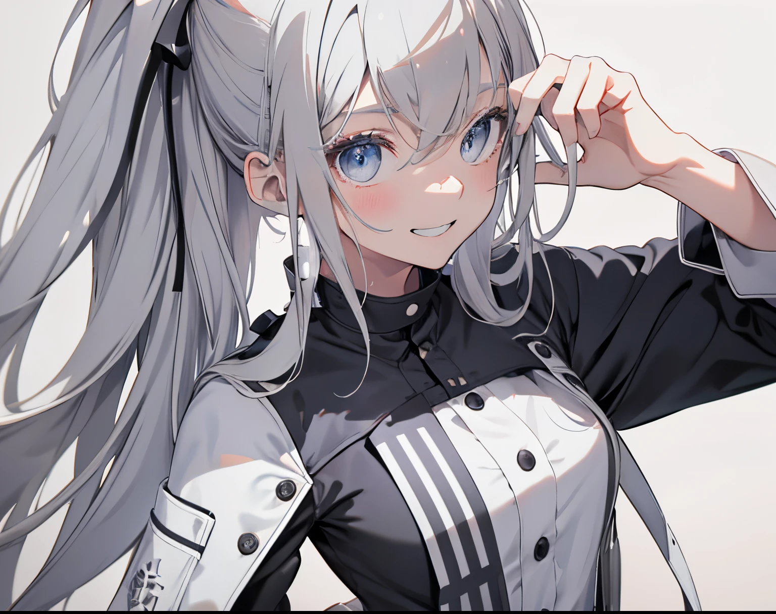 【Highest Quality, masutepiece】 [girl, Manteau, expressioness, blue eyes, front facing, ash gray hair, Walking, Upper body] (Gray white background:1.7), smile with teeth