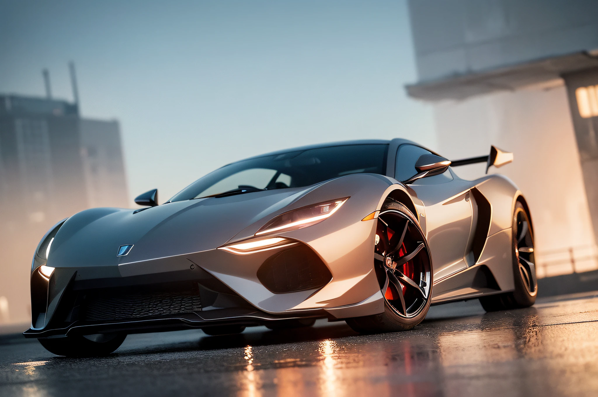 (best quality, masterpiece:1.2), photorealistic, (ambient light:1.3), (cinematic composition:1.2), 8k, hdr, ultra high res, Exquisite details and textures, sportscar, supercar, tail lights, sunset, street view, skyscrapers, skylines, cyberpunk, neon lights, clouds, raining, wet floor, reflection, dusty air, light particles, ray of lights, detailed background, depth of field, professional lighting, photon mapping, radiosity, physically-based rendering