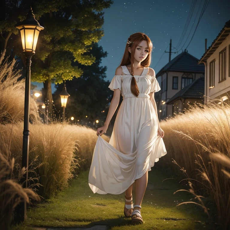 animesque Fantastical natta A girl with chestnut hair wearing a white dress retro street lamp grass field sacred place Particles of light