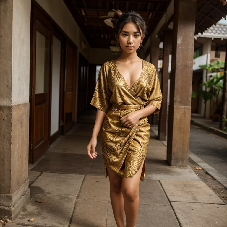 Malay, 20 years old, kebaya, sexy, cute, bun hair cuts, mature tan, wrapped in batik, full body, lust