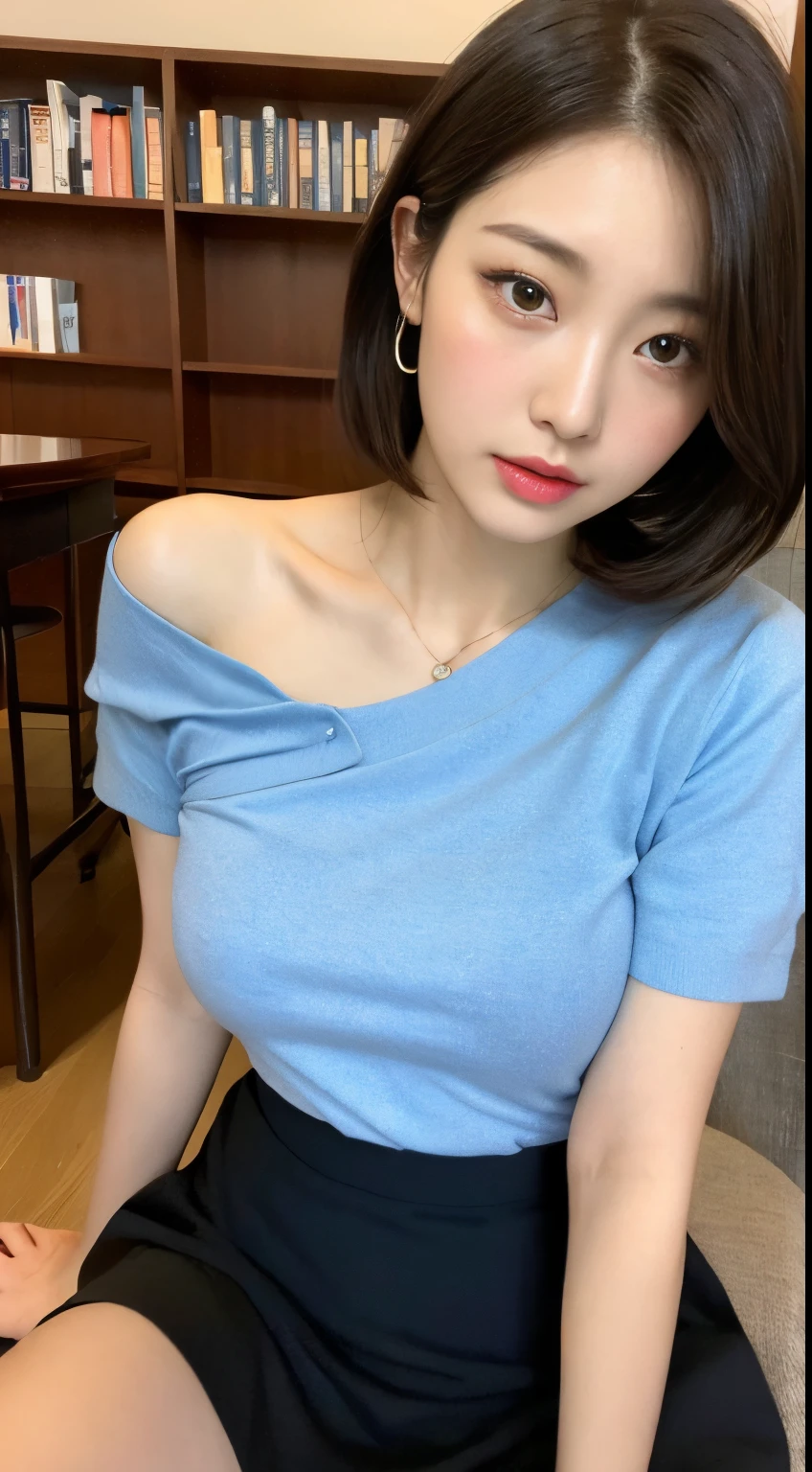 Library, Korean beauties, Korean mixed, realistic, (((best quality))), 8k, ((masterpiece)), (extremely delicate and beautiful), very detailed, ((very detailed face)), (very detailed eyes)), best quality, 1 girl, solo, (single bare-shouldered shirt short: 1.1), shiny skin, shiny hair, heart-shaped pupils, (big breasts: 1.4), short skirt, (sit up straight), (read),