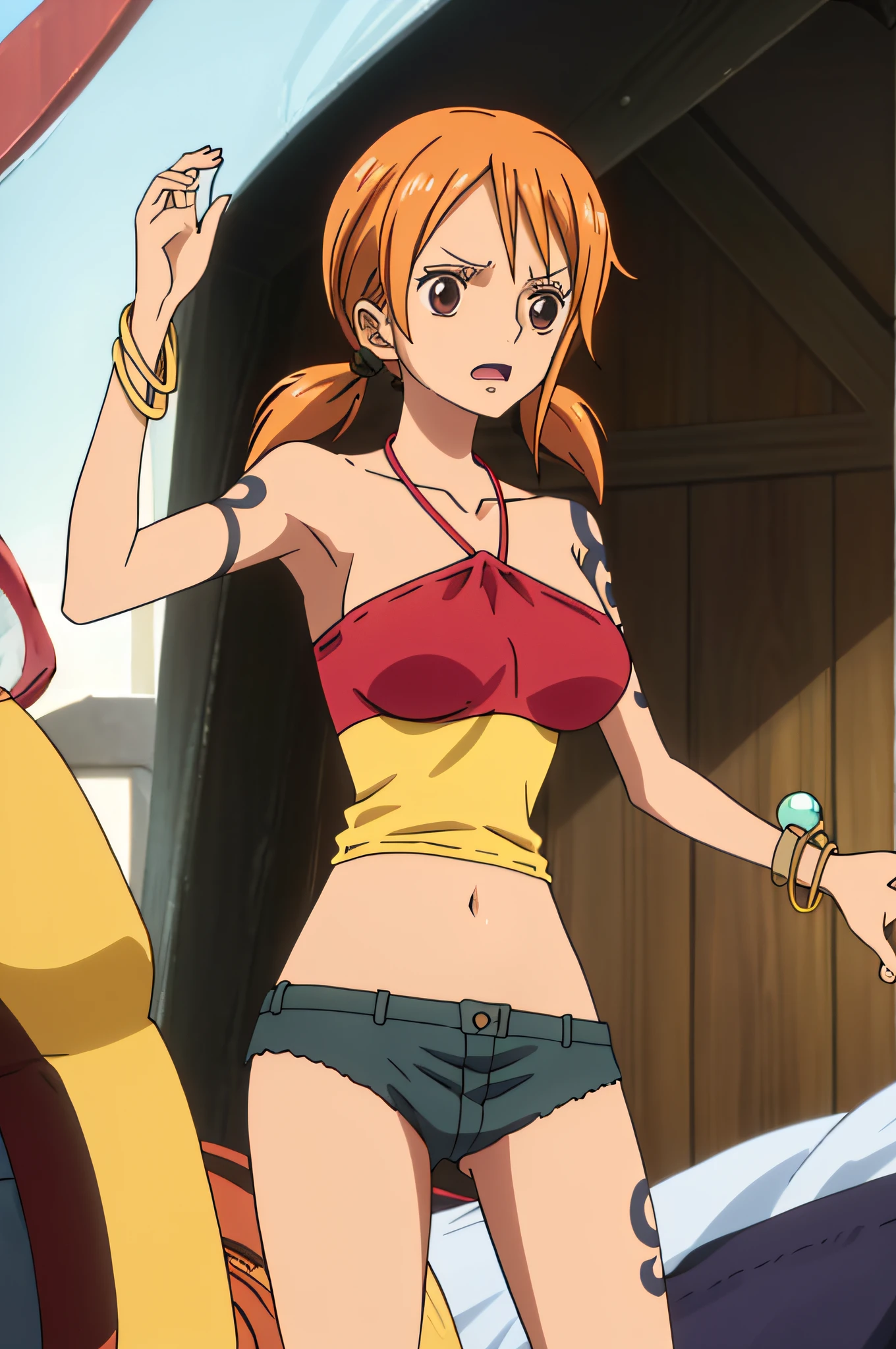 Namihalterneck, halterneck, 1girl, solo, large breasts, twintails, brown eyes, jewelry, orange hair, bracelet, short shorts, tattoo, short twintails, denim shorts, tricolor halter neck, armpits