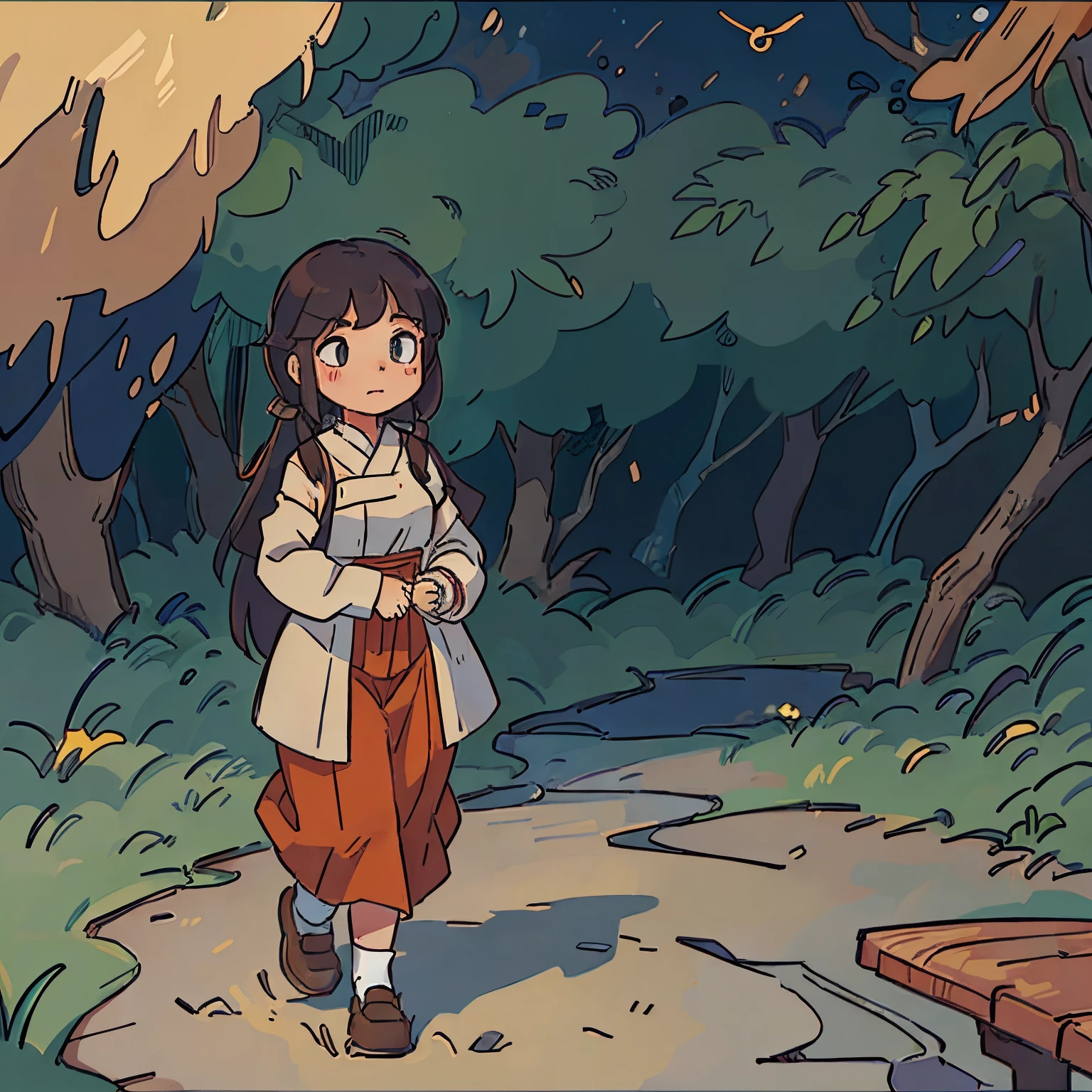 1 young girl, traditional clothing, walking along a wooded path, scared, lost,