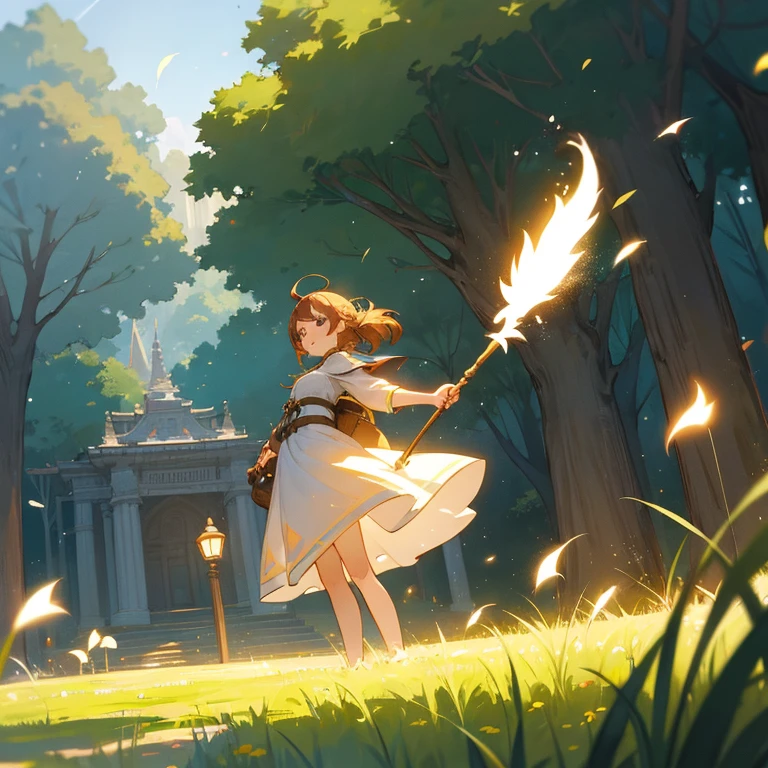 animesque Fantastical natta A girl with chestnut hair wearing a white dress retro street lamp grass field sacred place Particles of light