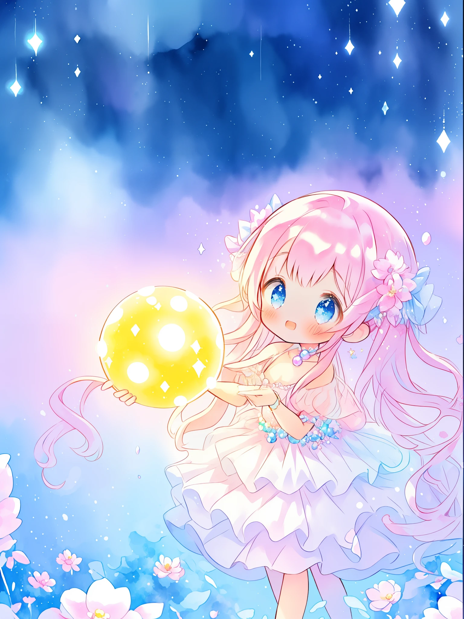 beautiful girl in sparkling white dress holding a magical sphere, ((sparkling puffy layered ballgown)), (magical, whimsical), (glowing magical orb), long flowing colorful hair, colorful fantasia background, watercolor illustration, disney art style, glowing aura around her, glowing lights, beautiful digital illustration, fantasia otherworldly landscape plants flowers, beautiful, masterpiece, best quality, anime disney style