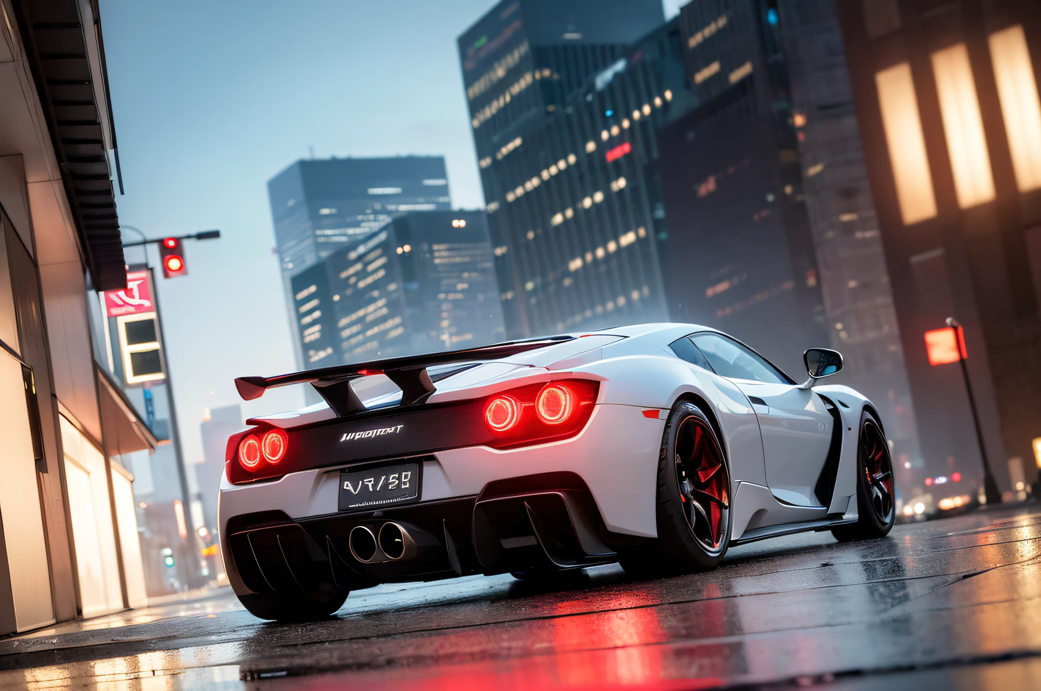 (best quality, masterpiece:1.2), photorealistic, (ambient light:1.3), (cinematic composition:1.2), 8k, hdr, ultra high res, Exquisite details and textures, sportscar, supercar, tail lights, sunset, street view, skyscrapers, skylines, cyberpunk, neon lights, clouds, raining, wet floor, reflection, dusty air, light particles, ray of lights, detailed background, depth of field, professional lighting, photon mapping, radiosity, physically-based rendering