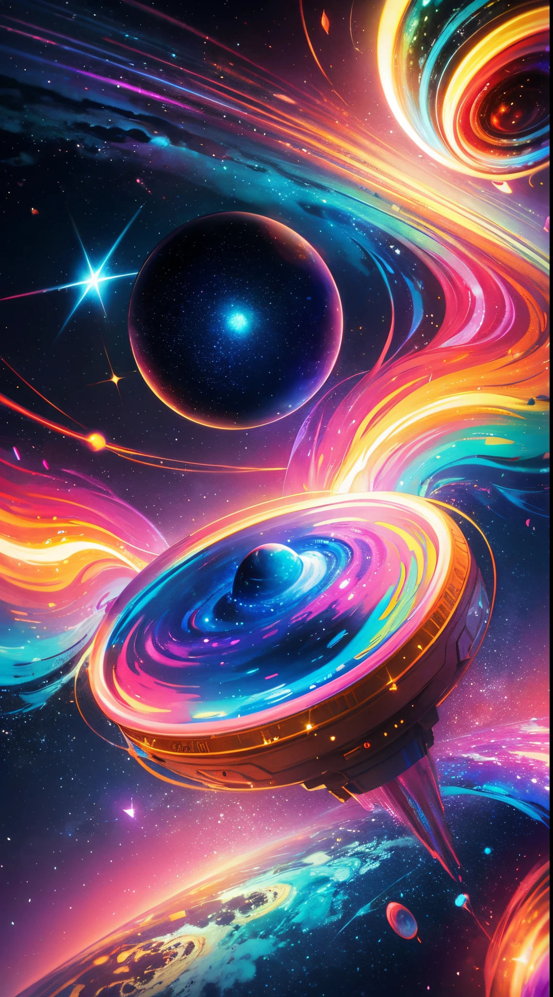 cosmic, space, amazing, a alien planet, breath taking, dream like, colorful, gorgeous,[abstract::6], energetic, contrast, jupiter, mysterious, colorful pllanet, cinematic,crazy, [:, sot,pink:8], deep space, vibrant colors, epic,  intricate,surrealism, epic, (long exposure:1),