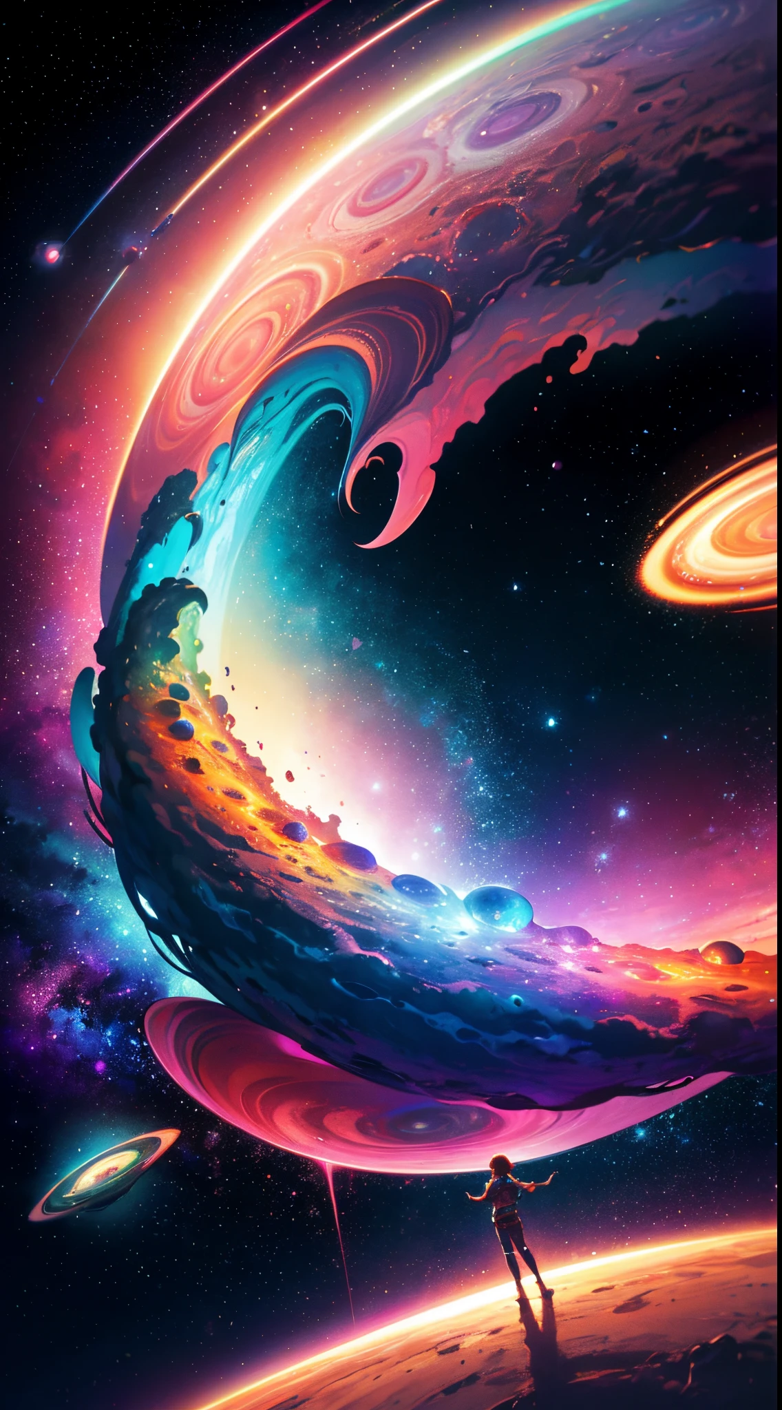 cosmic, space, amazing, a alien planet, breath taking, dream like, colorful, gorgeous,[abstract::6], energetic, contrast, jupiter, mysterious, colorful pllanet, cinematic,crazy, [:, sot,pink:8], deep space, vibrant colors, epic,  intricate,surrealism, epic, (long exposure:1),