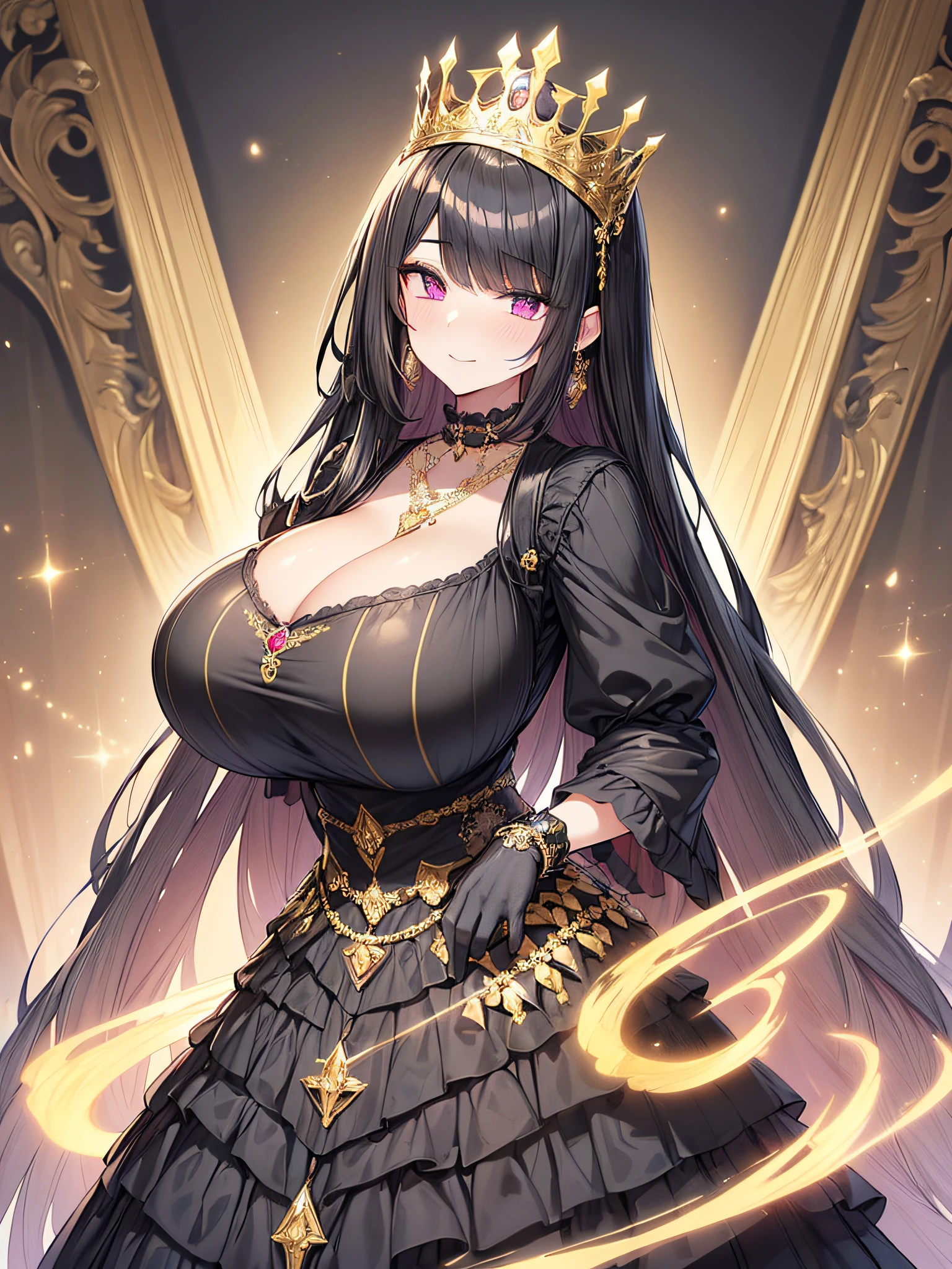 anime artstyle,Masterpiece,(Best Quality),(Super Detail),(Very Delicate and Beautiful),(Solo),((full body portrait)),standing pose,full body,full body portrait,(detailed face and eyes),jewel-like beautiful eyes,(absolutely gorgeous ruffled black rococo ballgown decorated with jewels),(((Decadent and arrogant queen))),Purple eyes,(Bangs between eyes),((arrogant,haughty)),(arrogant smile),((1 arrogant queen in a beautiful embroidery and jeweled absolutely gorgeous black rococo ballgown with voluminous full length hoop skirt)),((gold trim,Decadent,Crinoline)),super detailed absolutely gorgeous rococo black ballgown with frilled voluminous full length hoop skirt,(black Hair,large amount of straight black hair,extremely voluminous Very Long straight black Hair,Absolutely Long Straight black Hair),((gigantic boobs,skindentation)),cleavage,(fantasy castle,outdoors,outside the castle),long_gloves,extremely gorgeousfull jeweled hair ornament,bling-bling extremely gorgeousfull jeweled tiara,((luxurious jewelry)),full body portrait
