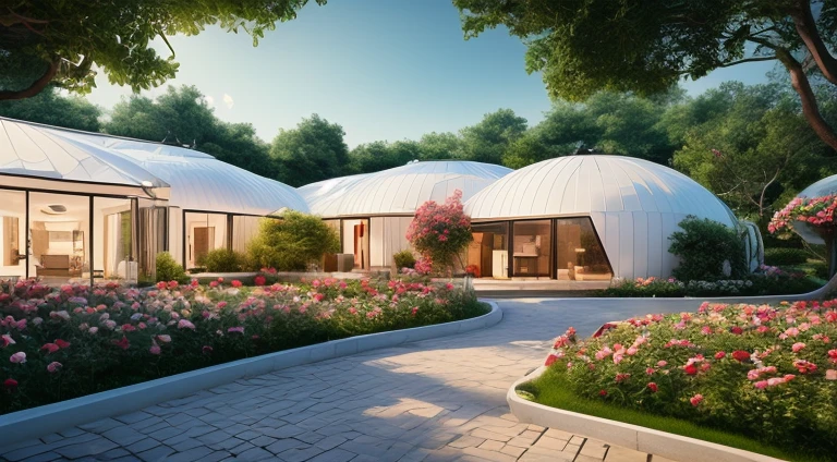(best quality,photorealistic),(futuristic,high-tech:1.1),(panoramic perspective view), technological villa with a white domed roof, garden with many rose arbust overall, white and red roses, pathway with trimmed grass)