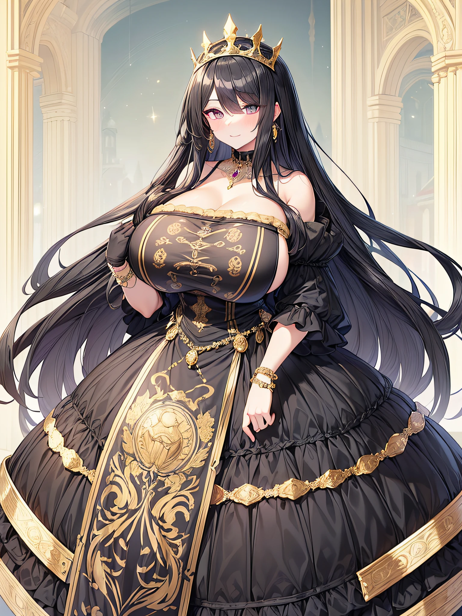 anime artstyle,Masterpiece,(Best Quality),(Super Detail),(Very Delicate and Beautiful),(Solo),((full body portrait)),standing pose,full body,full body portrait,(detailed face and eyes),jewel-like beautiful eyes,(absolutely gorgeous ruffled black rococo ballgown decorated with jewels),(((Decadent and arrogant queen))),Purple eyes,(Bangs between eyes),((arrogant,haughty)),(arrogant smile),((1 arrogant queen in a beautiful embroidery and jeweled absolutely gorgeous black rococo ballgown with voluminous full length hoop skirt)),((gold trim,Decadent,Crinoline)),super detailed absolutely gorgeous rococo black ballgown with frilled voluminous full length hoop skirt,(black Hair,large amount of straight black hair,extremely voluminous Very Long straight black Hair,Absolutely Long Straight black Hair),((gigantic boobs,skindentation)),cleavage,(fantasy castle,outdoors,outside the castle),long_gloves,extremely gorgeousfull jeweled hair ornament,bling-bling extremely gorgeousfull jeweled tiara,((luxurious jewelry)),full body portrait