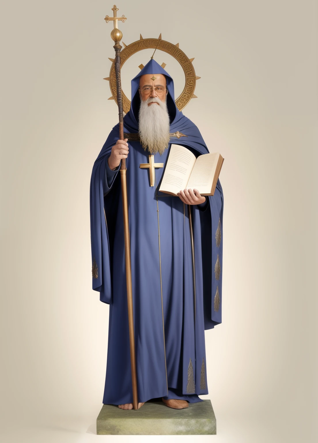 spiked statue of a man with a staff and a book, Santo ortodoxo, inspired by Nicomachus of Thebes, theophanes, santo, christian saint rosace, Solis Sacerdotibus |, christian saint, em vestes escuras com detalhes dourados, escultura religiosa, Robed, em vestes roxas escuras, vestindo manto escuro