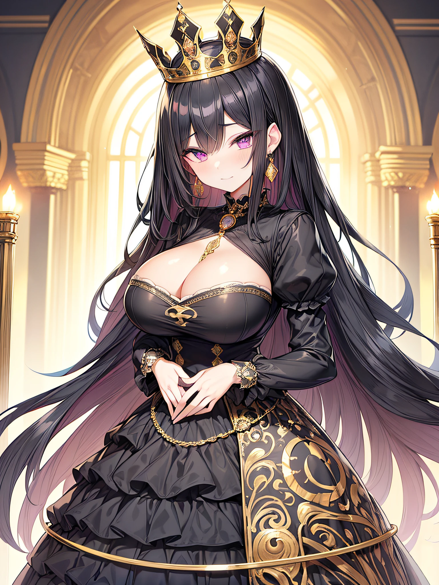 anime artstyle,Masterpiece,(Best Quality),(Super Detail),(Very Delicate and Beautiful),(Solo),((full body portrait)),standing pose,full body,full body portrait,(detailed face and eyes),jewel-like beautiful eyes,(absolutely gorgeous ruffled black rococo ballgown decorated with jewels),(((Decadent and arrogant queen))),Purple eyes,(Bangs between eyes),((arrogant,haughty)),(arrogant smile),((1 arrogant queen in a beautiful embroidery and jeweled absolutely gorgeous black rococo ballgown with voluminous full length hoop skirt)),((gold trim,Decadent,Crinoline)),super detailed absolutely gorgeous rococo black ballgown with frilled voluminous full length hoop skirt,(black Hair,large amount of straight black hair,extremely voluminous Very Long straight black Hair,Absolutely Long Straight black Hair),((gigantic boobs,skindentation)),cleavage,(fantasy castle,outdoors,outside the castle),long_gloves,extremely gorgeousfull jeweled hair ornament,bling-bling extremely gorgeousfull jeweled tiara,((luxurious jewelry)),full body portrait