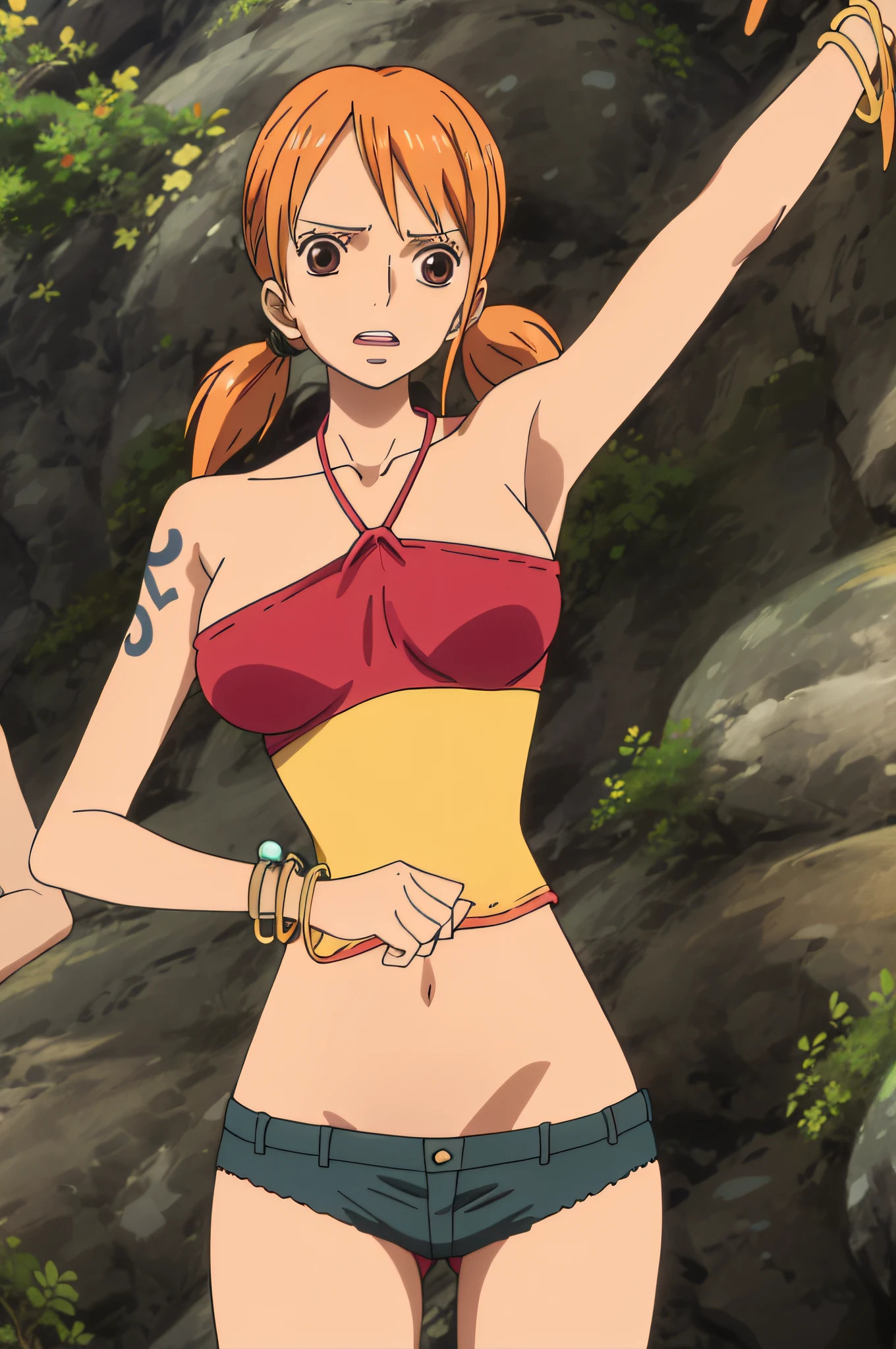 Namihalterneck, halterneck, 1girl, solo, large breasts, twintails, brown eyes, jewelry, orange hair, bracelet, short shorts, tattoo, short twintails, denim shorts, tricolor halter neck, armpits