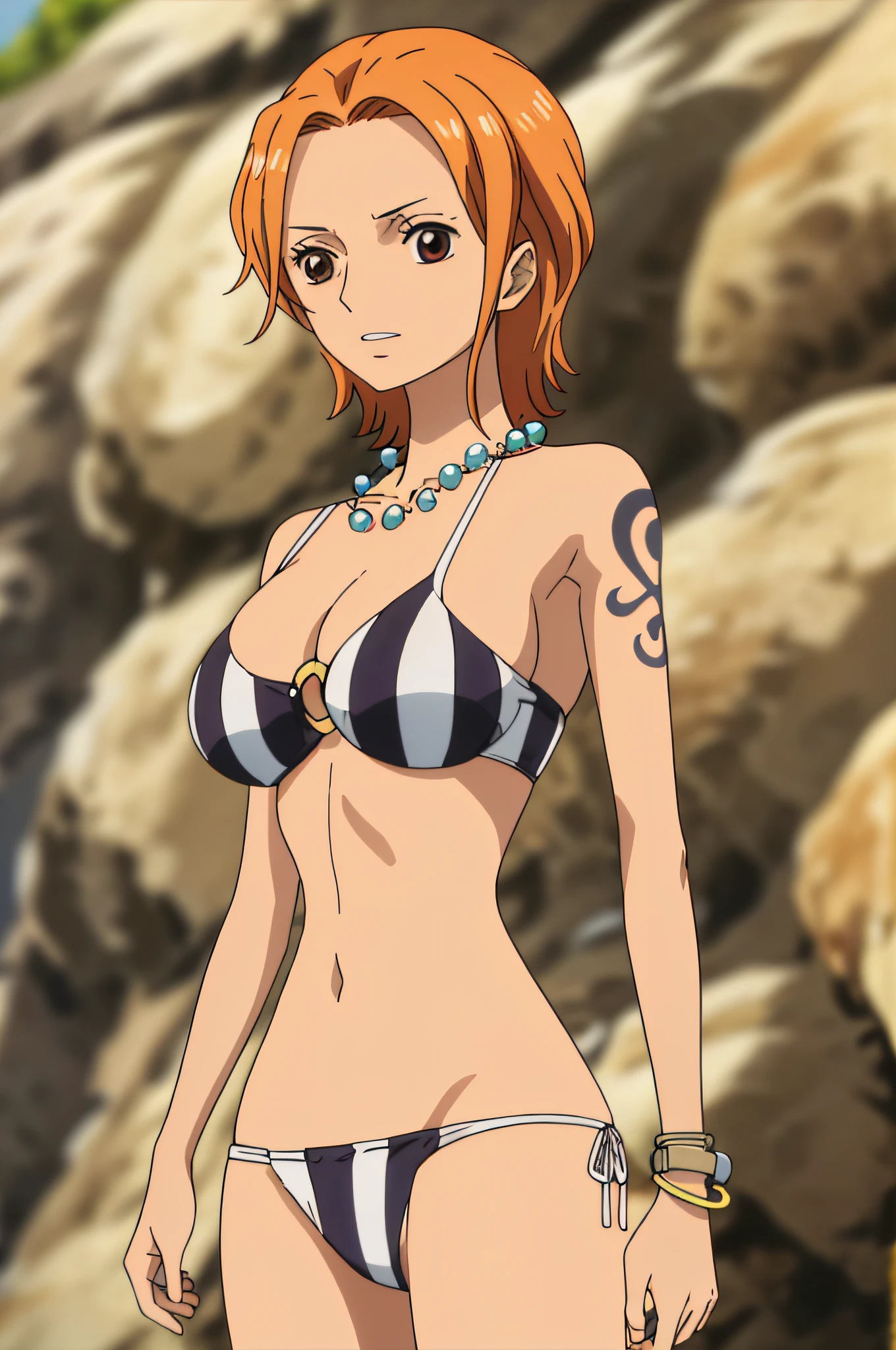 namiswimsuit, ring bikini, striped bikini, short hair, wet hair, 1girl, solo, large breasts, cleavage, brown eyes, jewelry, necklace, orange hair, tattoo, o-ring