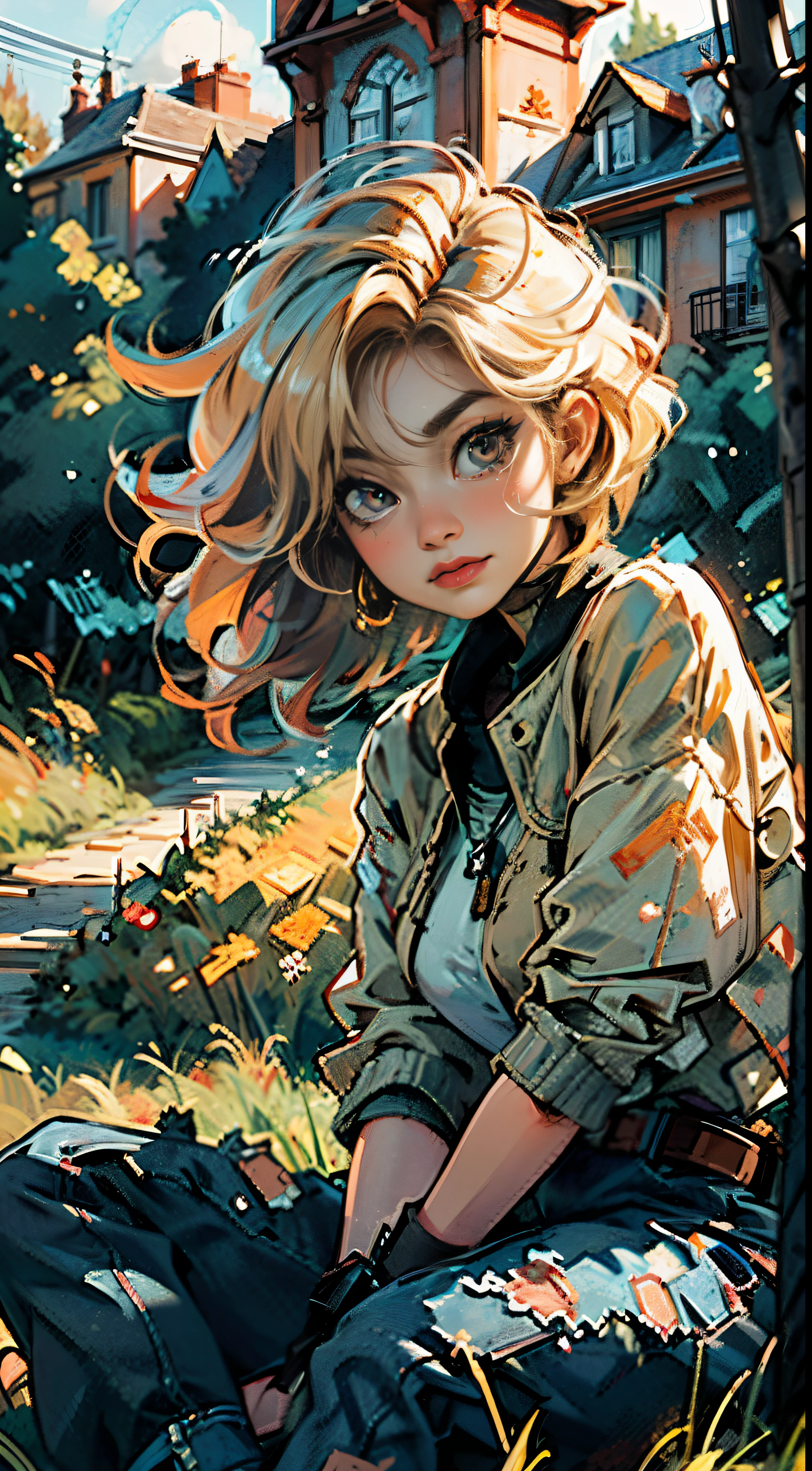 4K, high resolution, Best quality, Masterpiece, perfect, really warm colors, perfectly shaded, Perfect lighting, posted on e621, ((greg capullo style)), masterpiece, digital paint, (close up, Cute girl, 20 years old, blond short hair, cute eyes, happy), sitting in the grass in a hide park in London. 1990s \(style\),