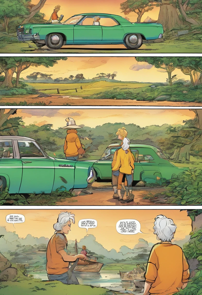 tirinhas em quadrinhos americanos, The comic book is presented in 3 panels with cores. Um Poodle Micro Toy conversa na beira de um lago com sua dona. Its owner is a little blonde boy with curly hair., in loose pants, camiseta larga e cabelos compridos mal arrumados. The style is like Calvin and Hobbes.