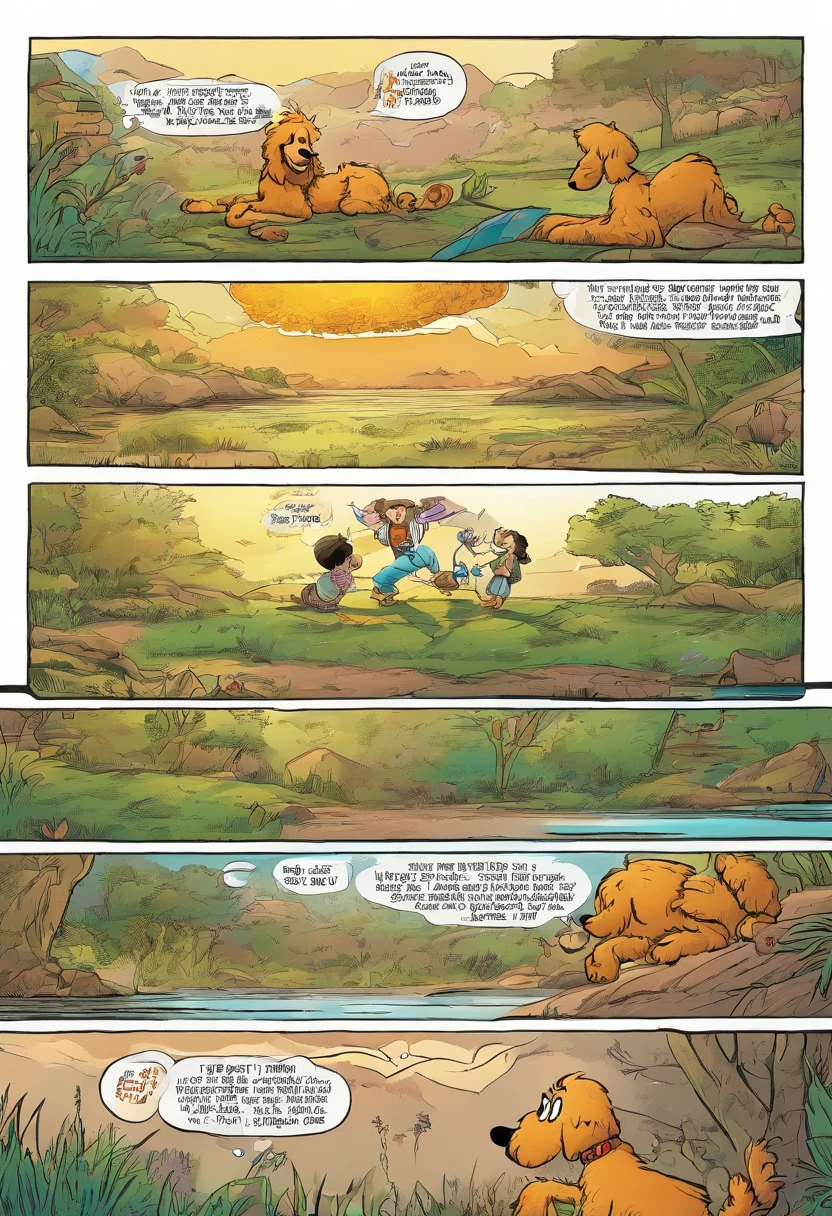 tirinhas em quadrinhos americanos, The comic book is presented in 3 panels with cores. Um Poodle Micro Toy conversa na beira de um lago com sua dona. Its owner is a  blonde boy with curly hair., in loose pants, camiseta larga e cabelos compridos mal arrumados. The style is like Calvin and Hobbes.