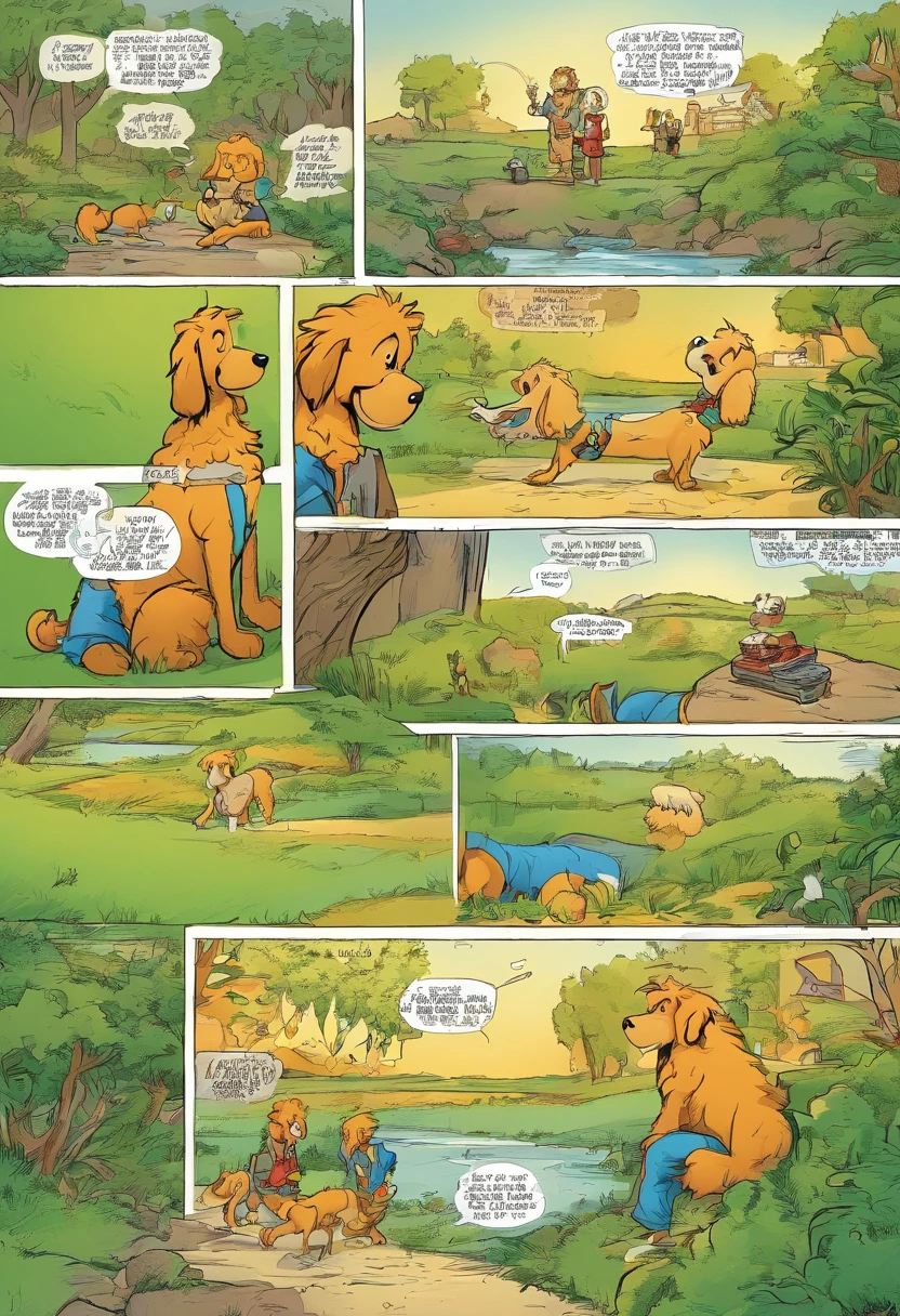 tirinhas em quadrinhos americanos, The comic book is presented in 3 panels with cores. Um Poodle Micro Toy conversa na beira de um lago com sua dona. Its owner is a little blonde boy with curly hair., in loose pants, camiseta larga e cabelos compridos mal arrumados. The style is like Calvin and Hobbes.