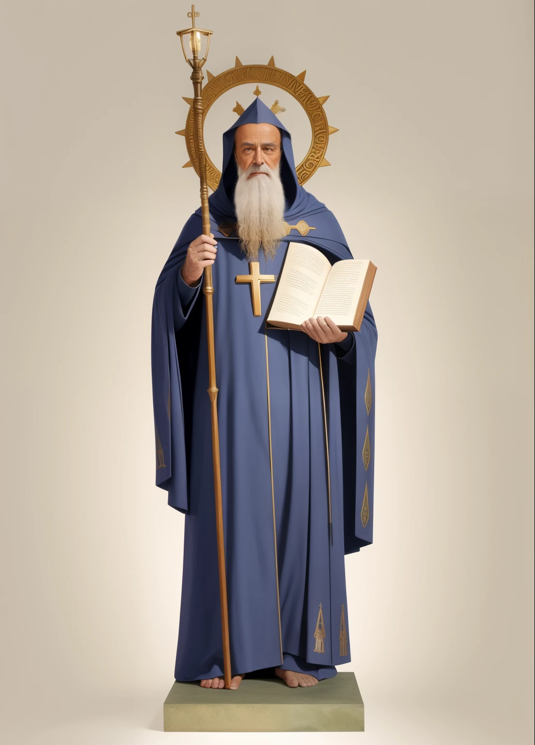 spiked statue of a man with a staff and a book, Santo ortodoxo, inspired by Nicomachus of Thebes, theophanes, santo, christian saint rosace, Solis Sacerdotibus |, christian saint, em vestes escuras com detalhes dourados, escultura religiosa, Robed, em vestes roxas escuras, vestindo manto escuro