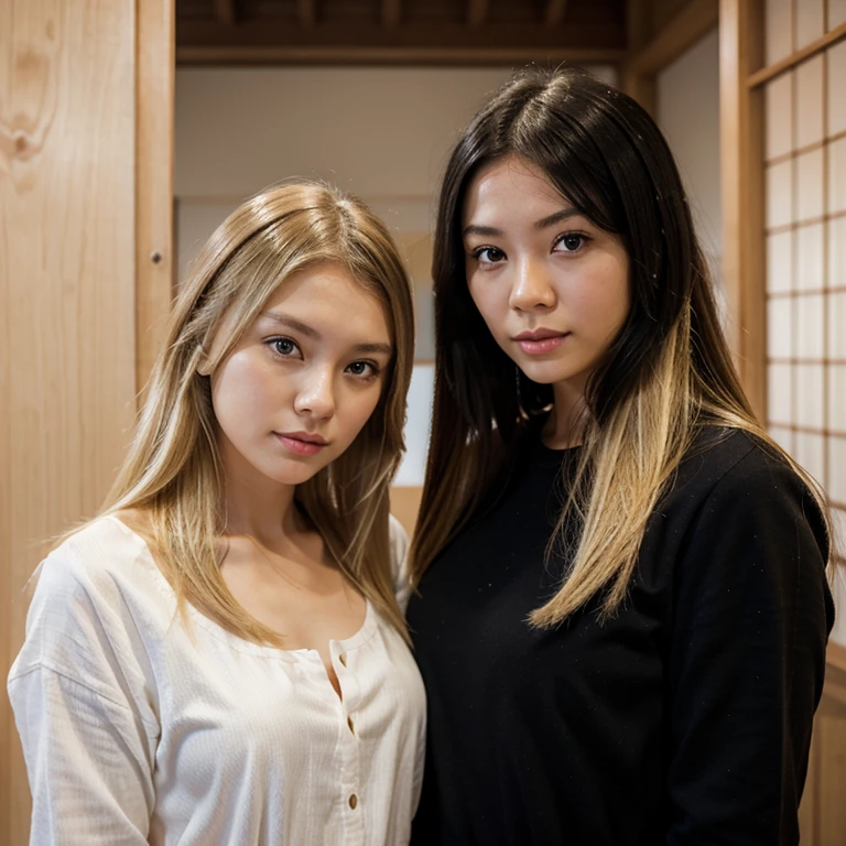 Blonde West Russian girl and Black hair Japanese girl