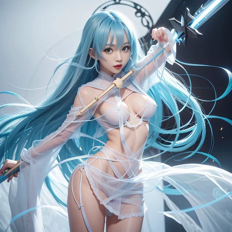 blue hairs、Nice Body、Beautiful breasts、see -through、White mini skirt、White kimono、spear、Hats、Nipples are see-through、No panties