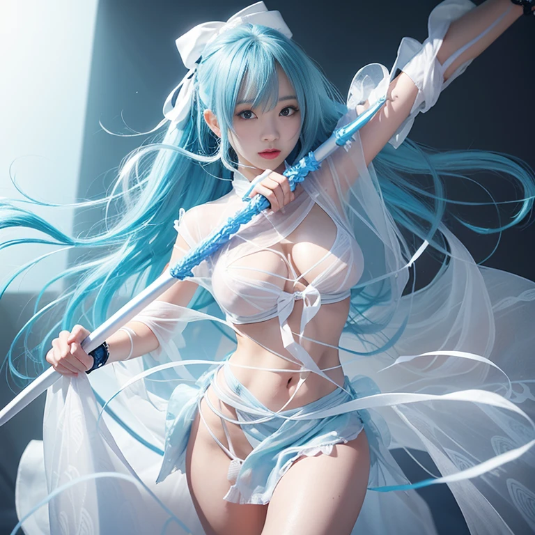 blue hairs、Nice Body、Beautiful breasts、see -through、White mini skirt、White kimono、spear、Hats、Nipples are see-through、No panties