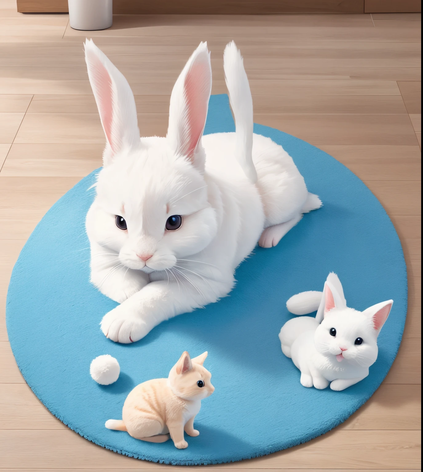 Illustration d'un lapin mignon. right, il ya un chiot et à gauche, un chaton.. Ils font tous une pose de yoga sur un tapis de yoga.