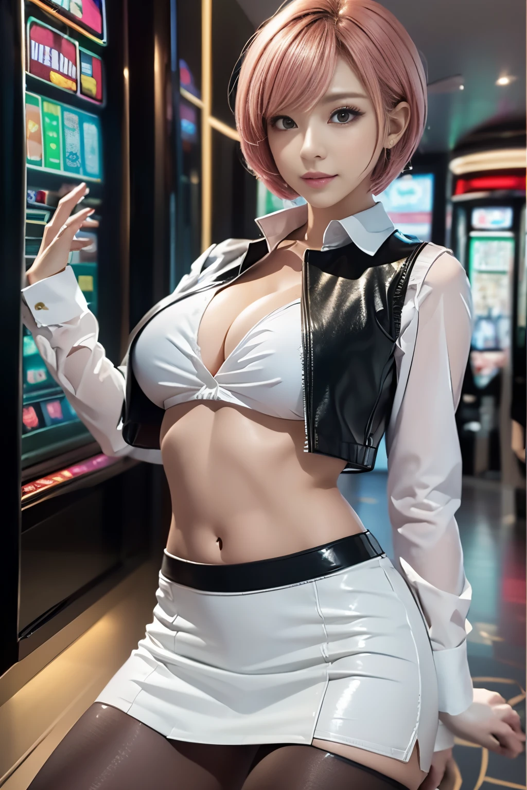 (Highest Quality, hight resolution, masutepiece:1.3) Solo, girl, Casino Dealers, Breaking green eyes, Tsurime, Pink and very short hair, Large breasts, Navel, Detailed skin, BREAK white shirt, Black Short Leather Vest, Black leather miniskirt, pencil skirts, Shallow slit, Black High Heels, Casino