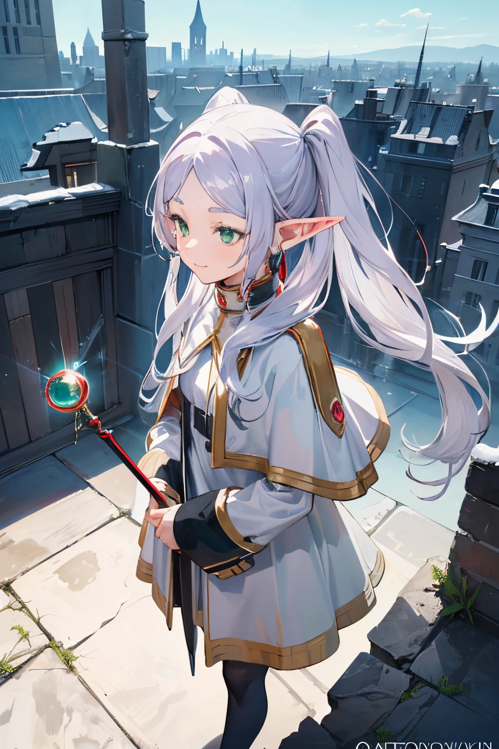 ((Frieren)), ((Masterpiece)), (highly saturated), (High Definition:1.3), (from above), (Professional Photography:1.2), (cinematic lighting), 1girl, solo, (flat body), (smile), walking, beautiful, elf, pointy ears, white hair, (long twintails), green eyes, white dress, white cape, ((magician staff)), magic, magic circle, (ragged ruins), cityscape, winter sky,