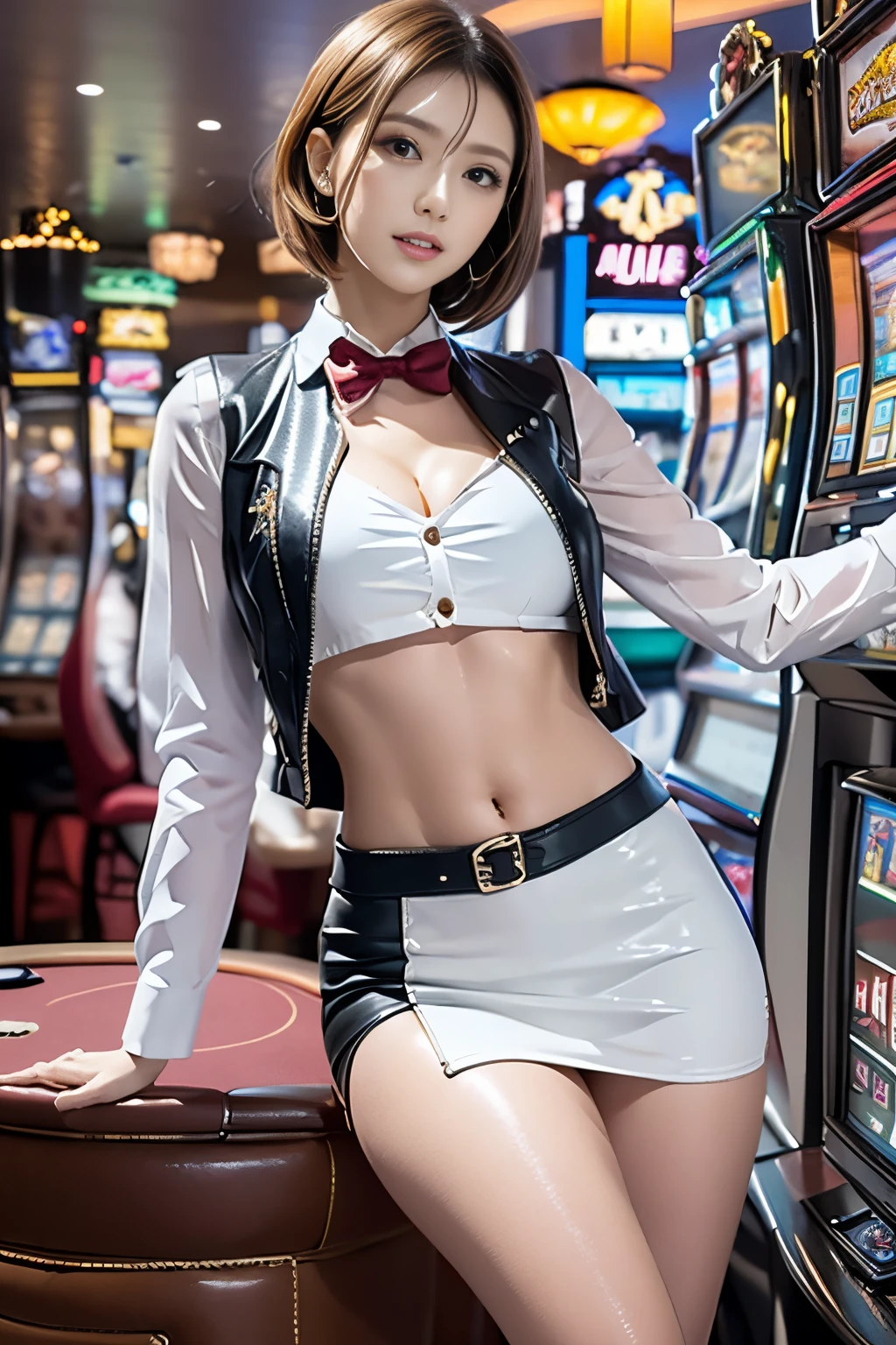 (Highest Quality, hight resolution, masutepiece:1.3) Solo, girl, Casino Dealers, Breaking green eyes, Tsurime, Pink and very short hair, Large breasts, Navel, Detailed skin, BREAK white shirt, Black Short Leather Vest, Black leather miniskirt, pencil skirts, Shallow slit, Black High Heels, Casino