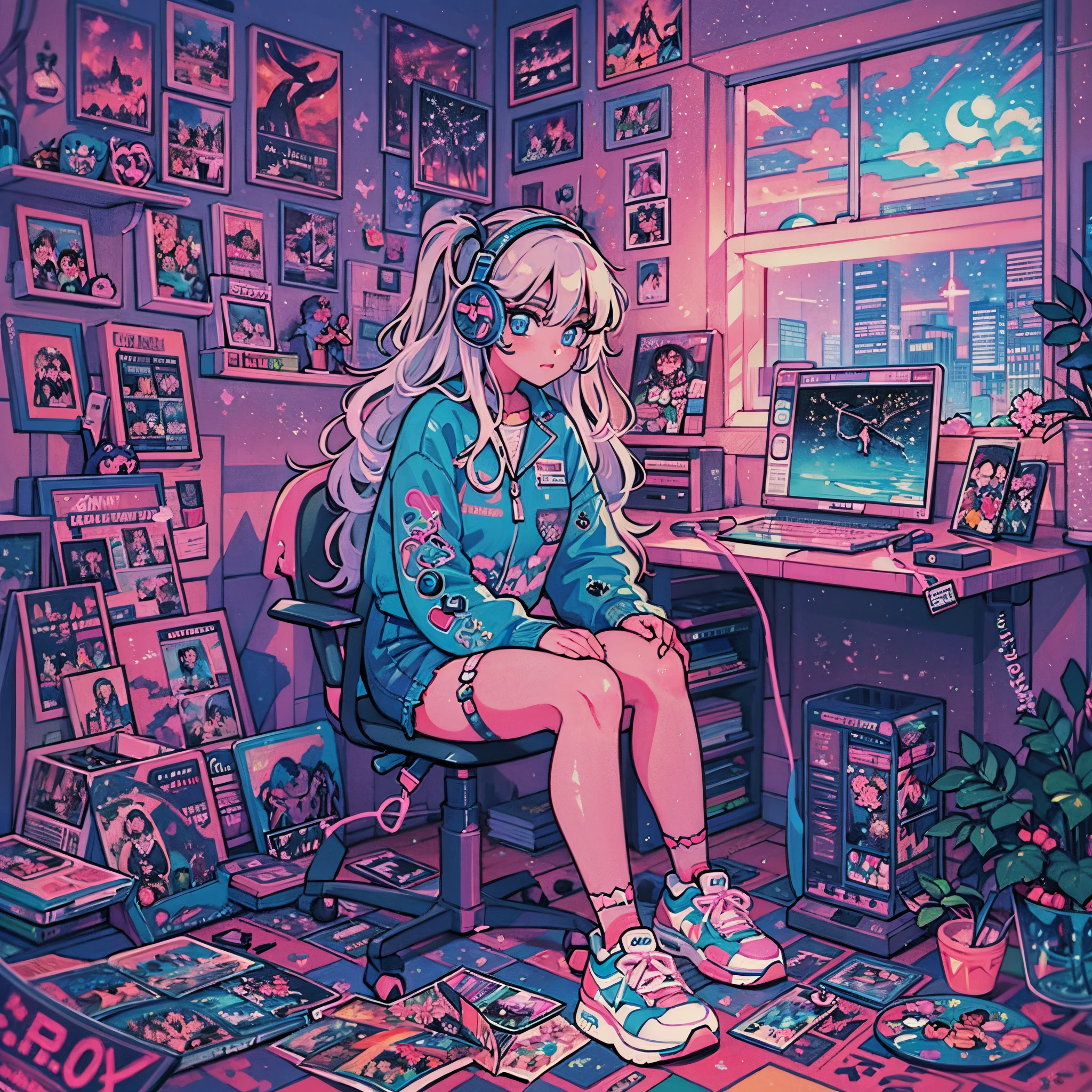 (masterpiece), best quality, expressive eyes, (perfect detailed face), ((gyaru)), neon pastel aesthetic, retro 90's, neon colors, (girl sitting on chair), (in a cozy room), record discs hung up on her wall, comic books on the floor, window behind her on-looking onto night city, decorated room, anime figurines on shelves, wearing headphones, (sparkles around her), (wearing chunky colorful sneakers), (blue eyes), (soft expression), (synthwave art style), colorful hair, desk with a pc setup