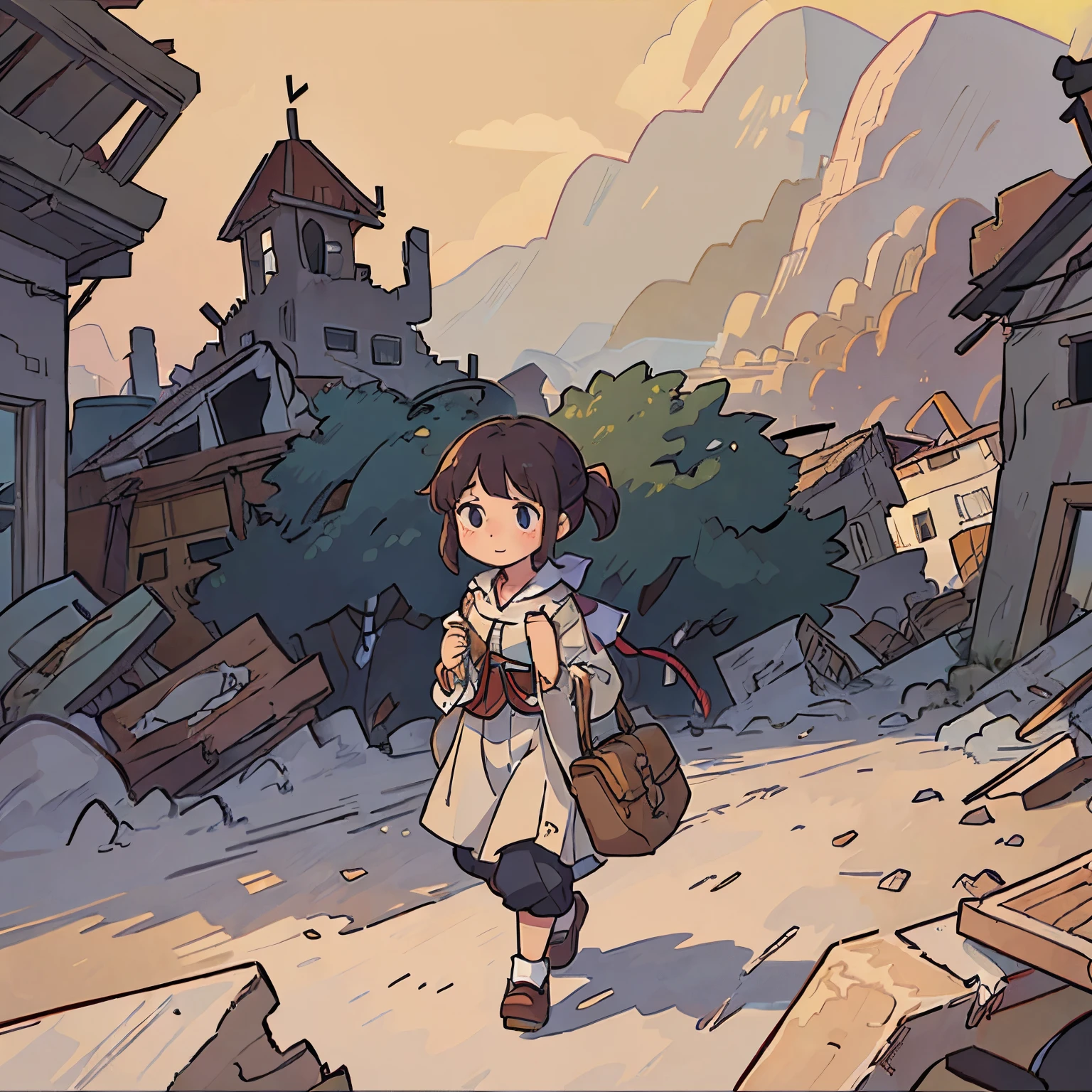 1 young girl, traditional clothing, walking in a destroyed village,